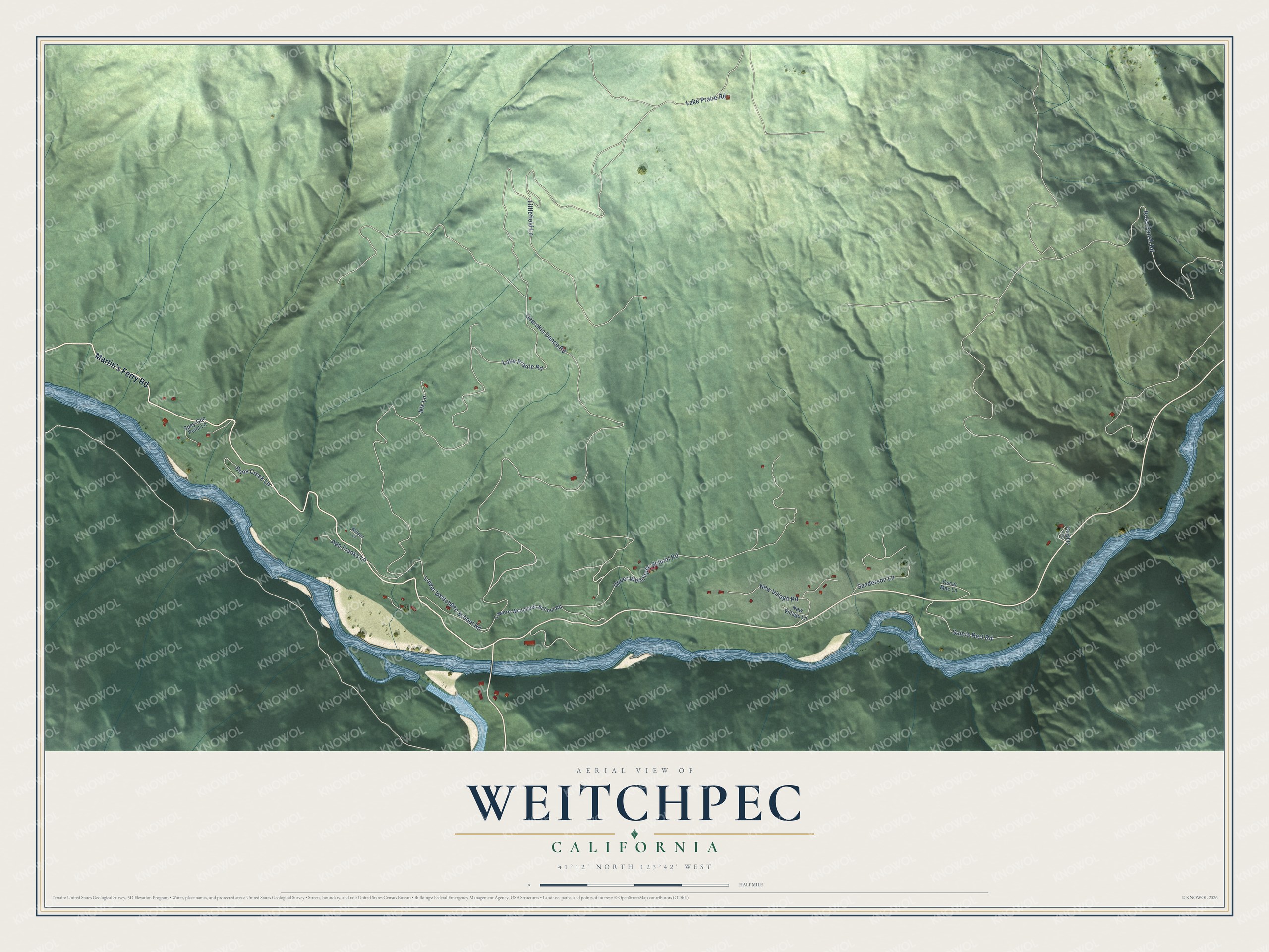 Full map of Weitchpec, California, with red buildings, printed street names and the land around them