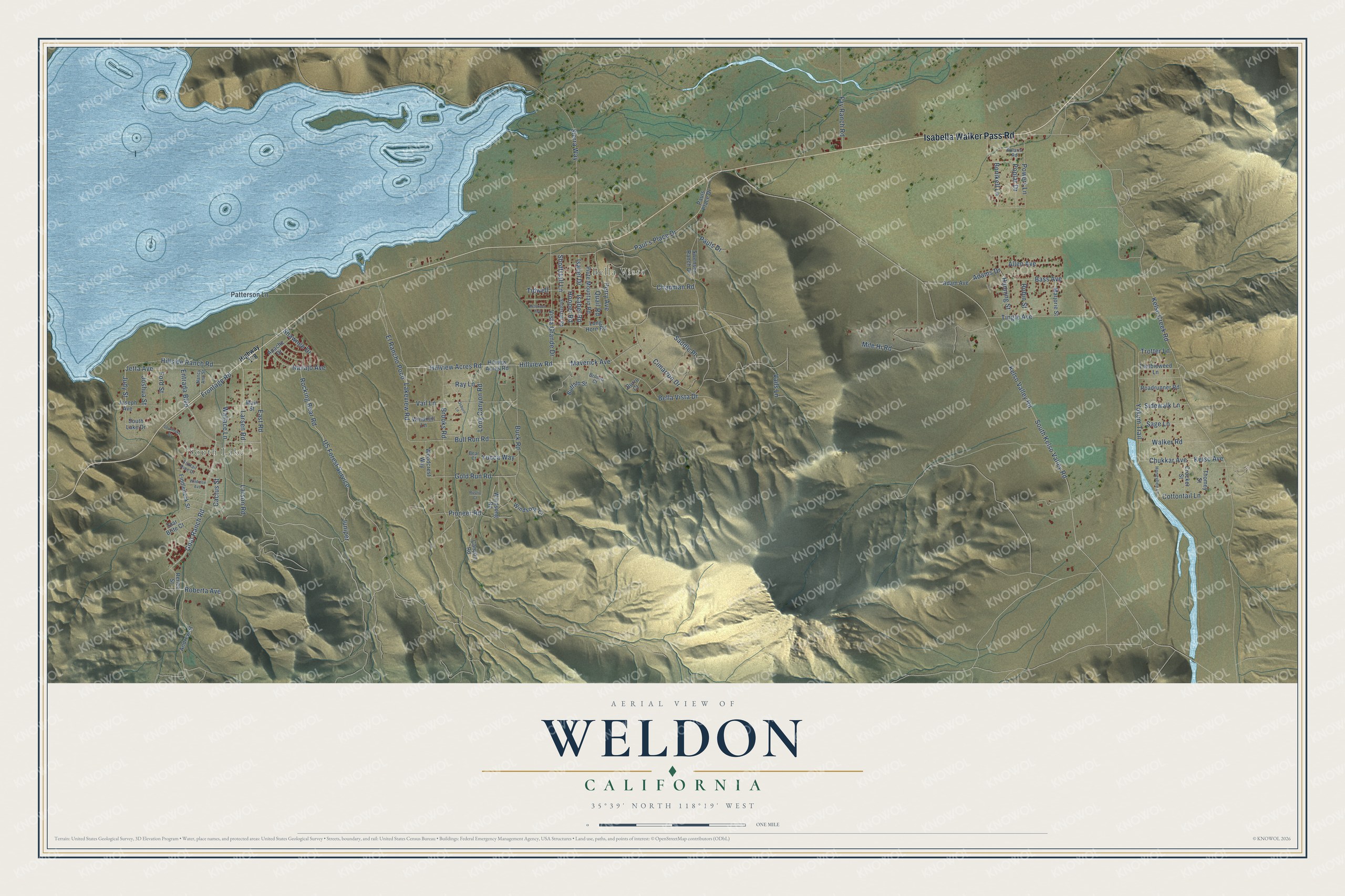 Full map of Weldon, California, with red buildings, printed street names and the land around them