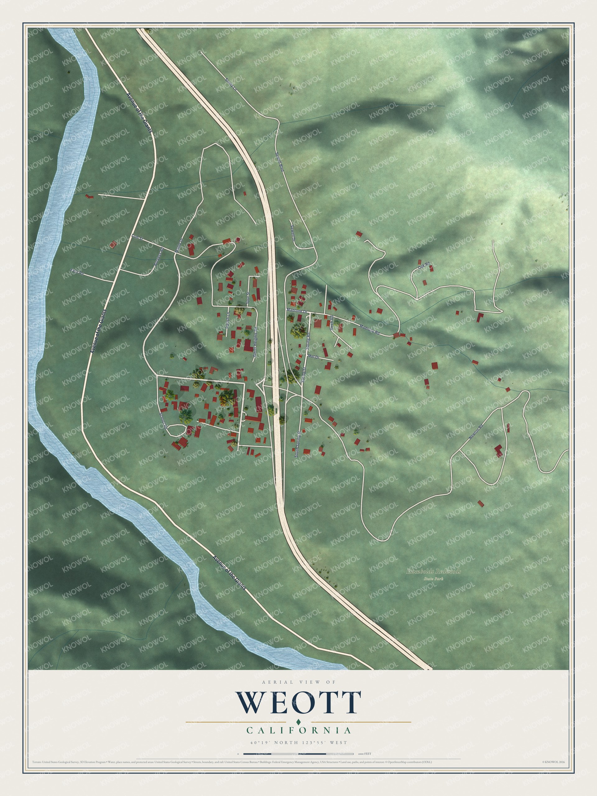 Full map of Weott, California, with red buildings, printed street names and the land around them
