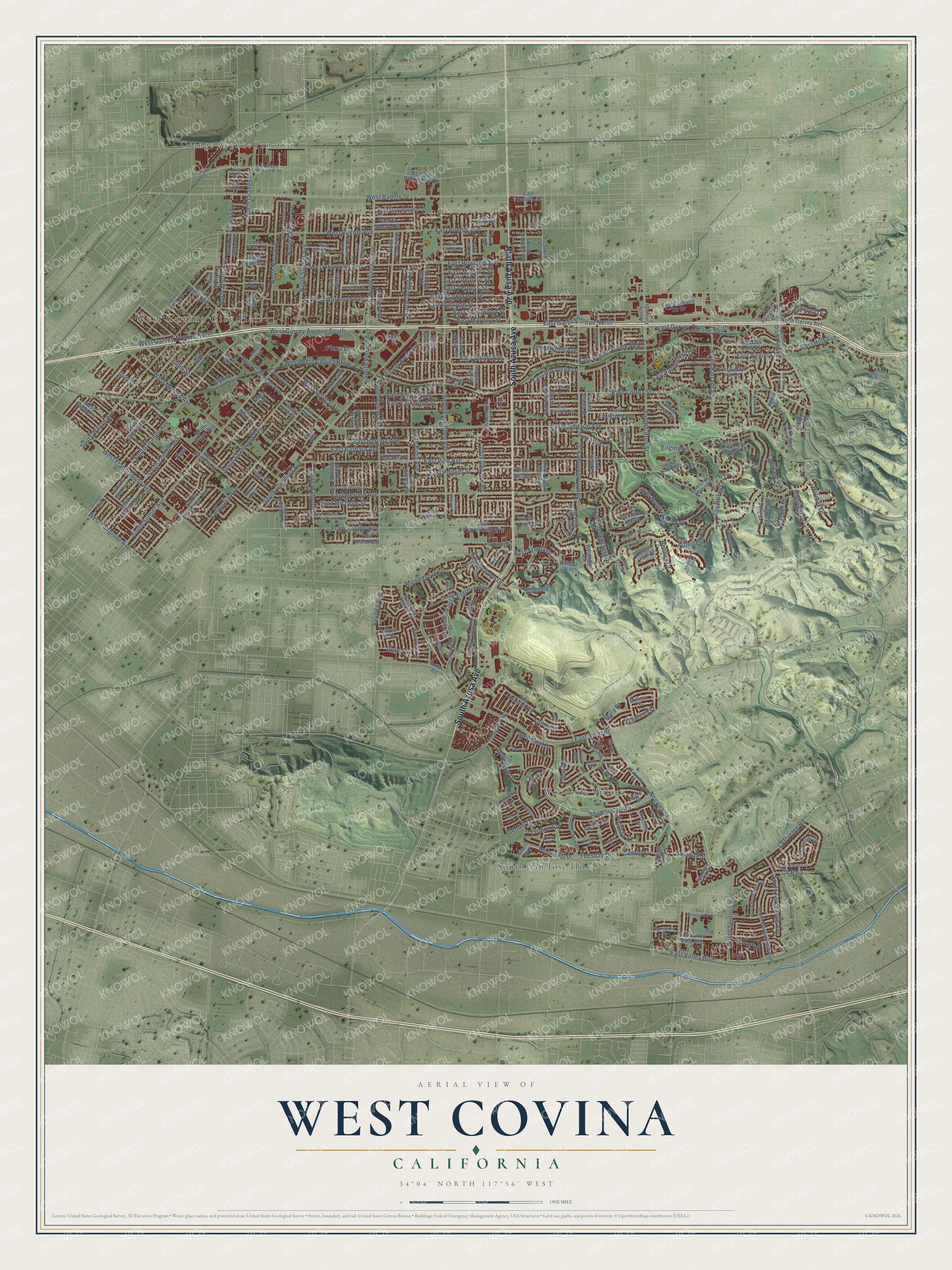 Full map of West Covina, California, with red buildings, printed street names and the land around them