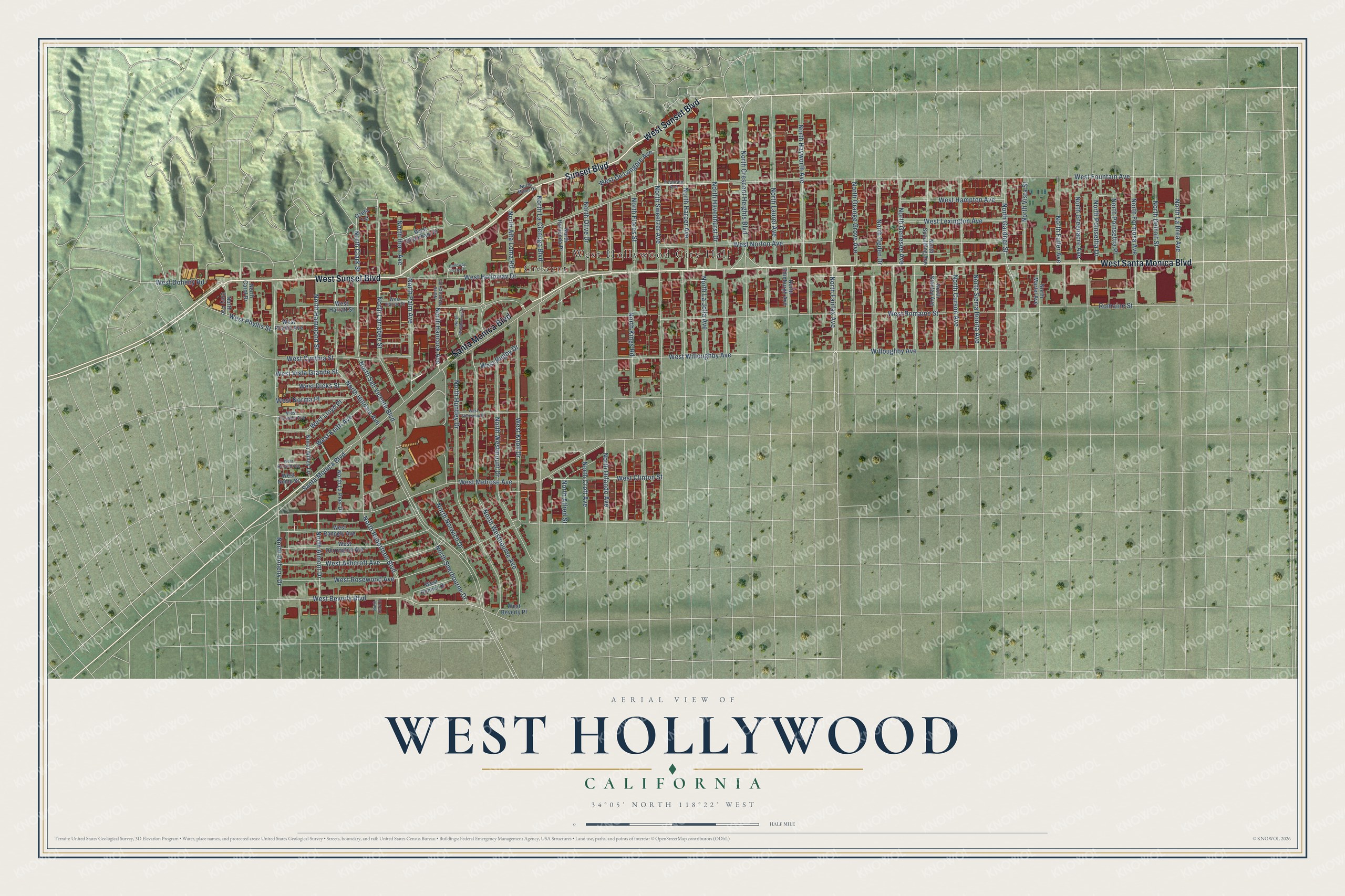 Full map of West Hollywood, California, with red buildings, printed street names and the land around them