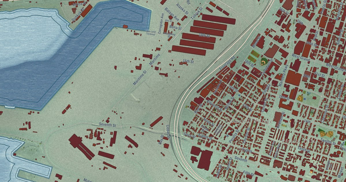 Close-up of streets and buildings in West Oakland, California