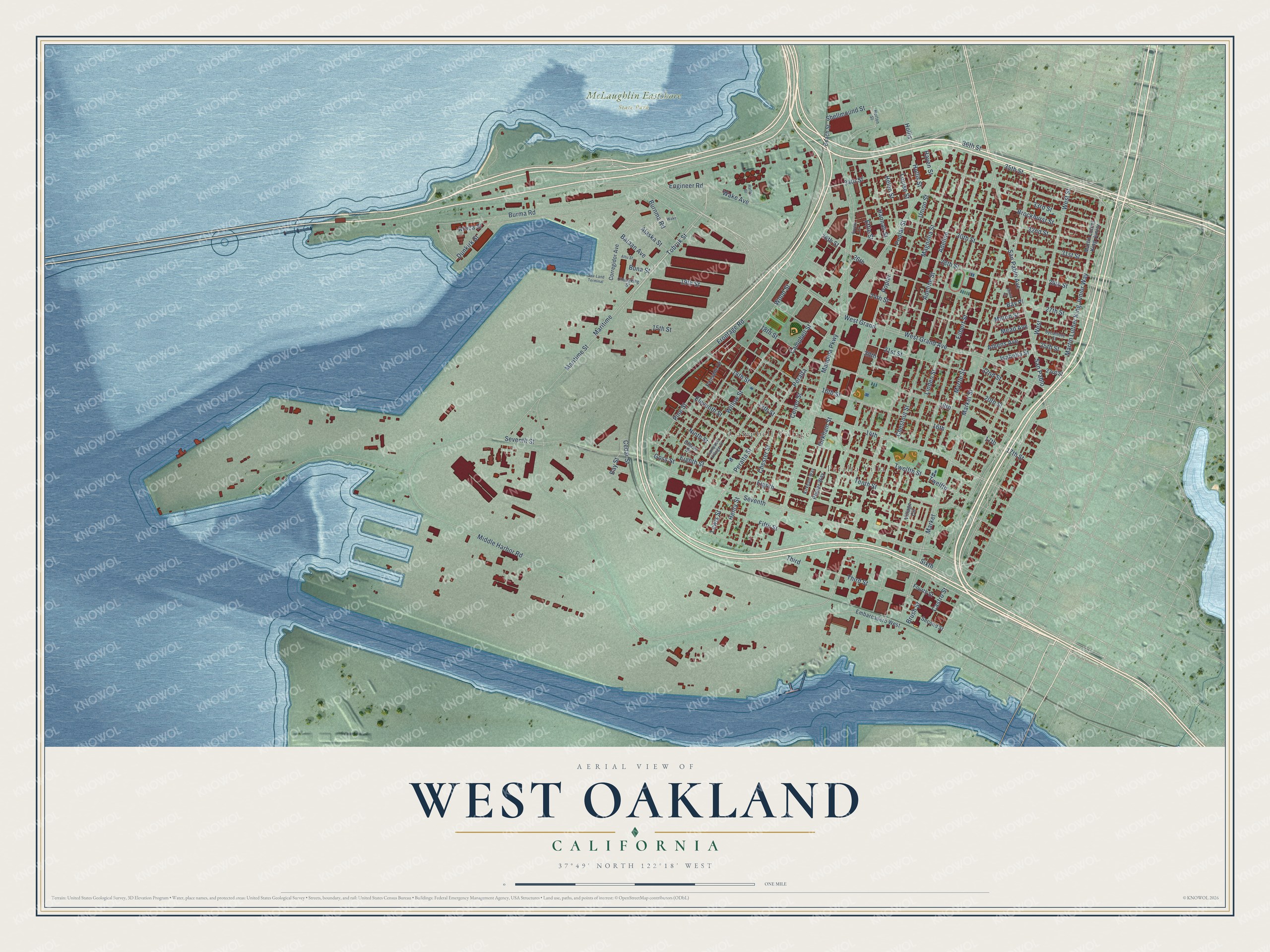 Full map of West Oakland, California, with red buildings, printed street names and the land around them