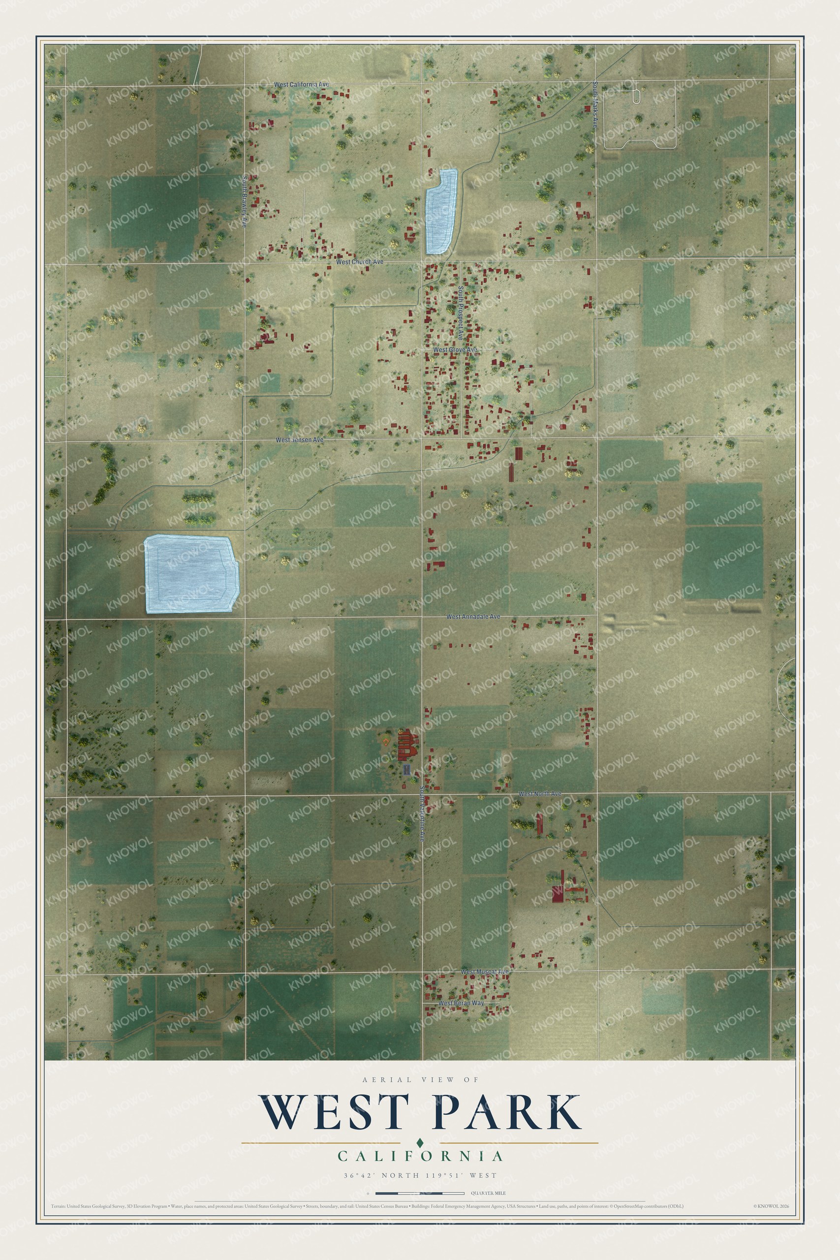 Full map of West Park, California, with red buildings, printed street names and the land around them