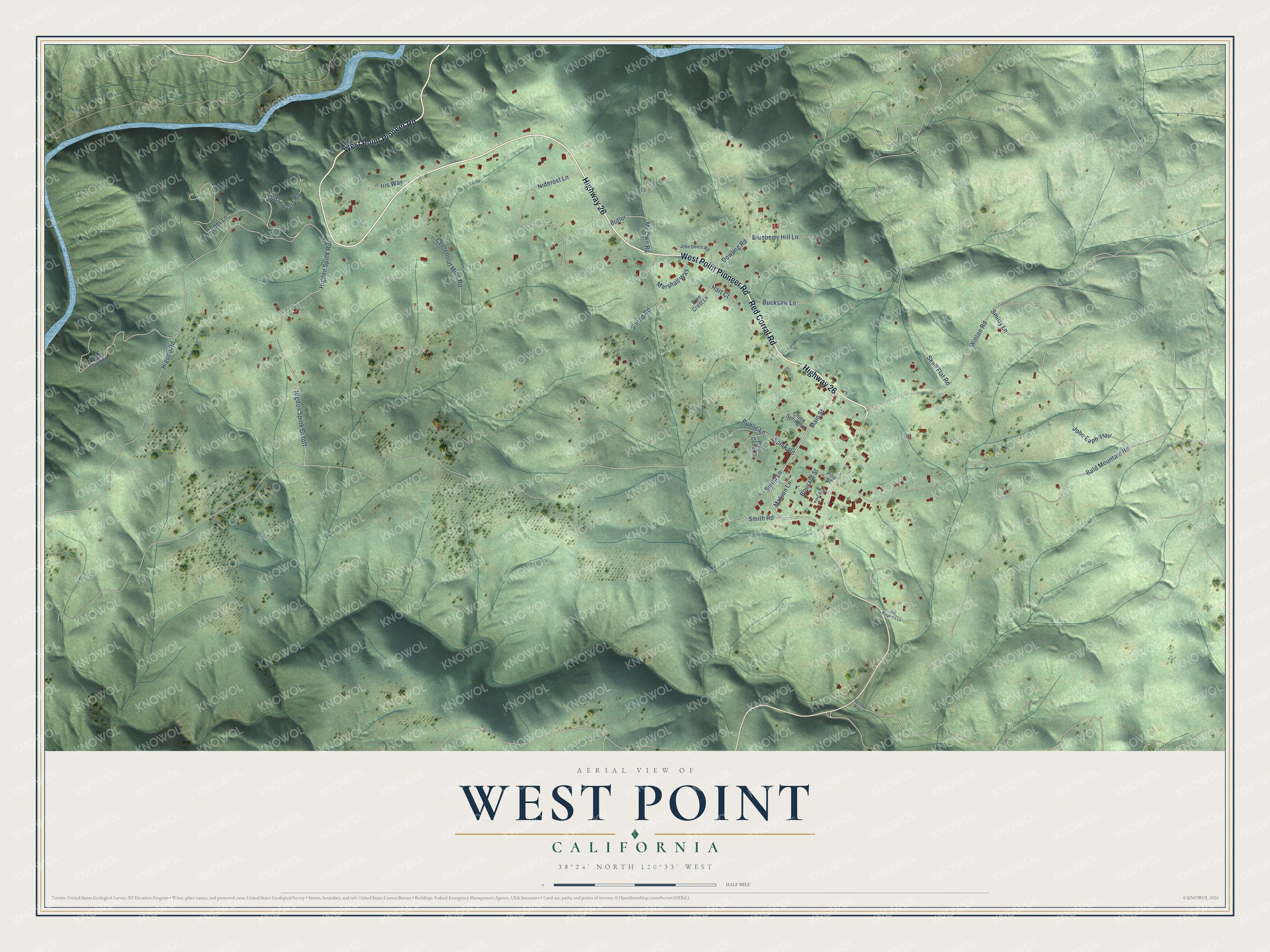 Full map of West Point, California, with red buildings, printed street names and the land around them