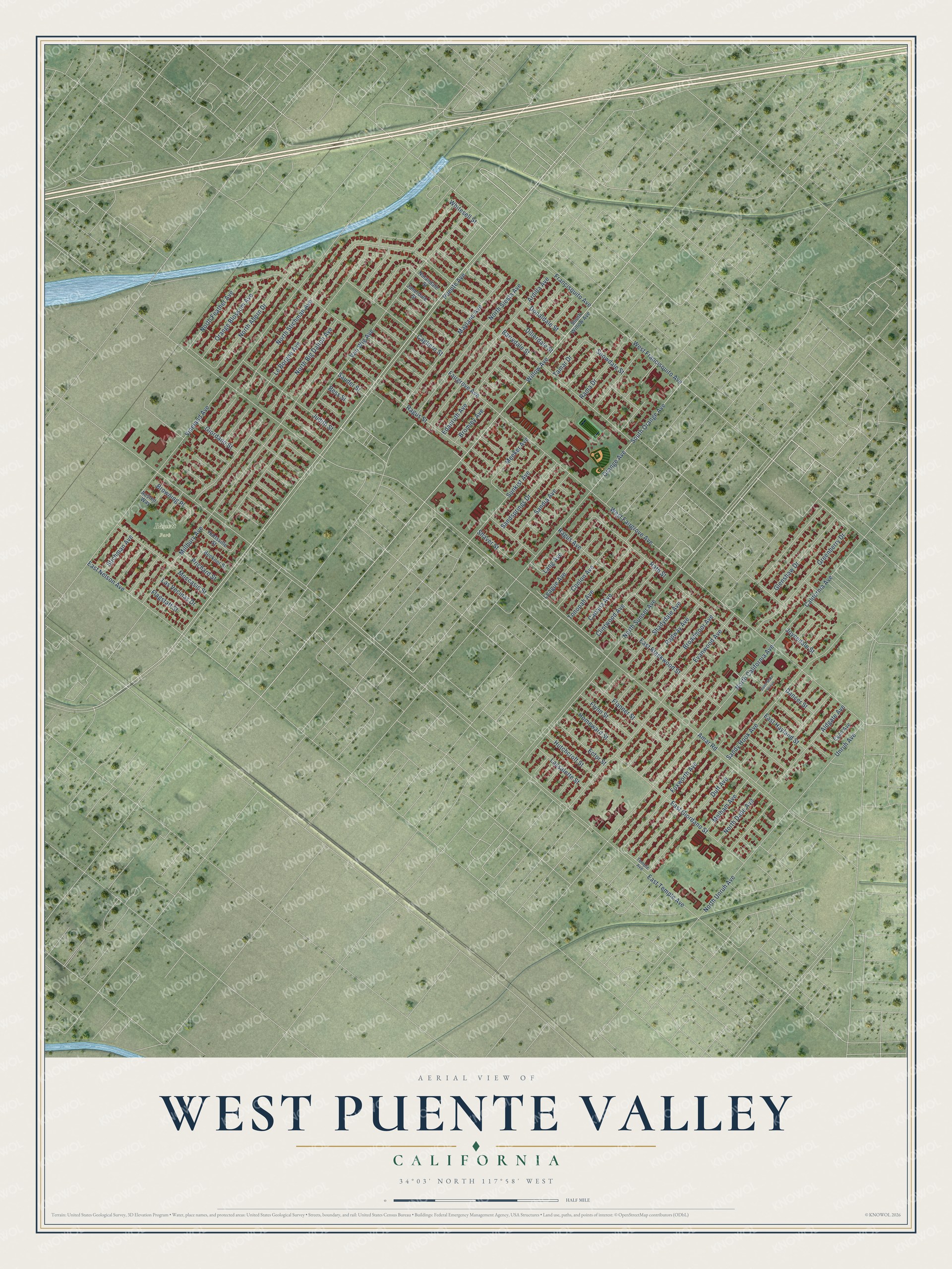 Full map of West Puente Valley, California, with red buildings, printed street names and the land around them