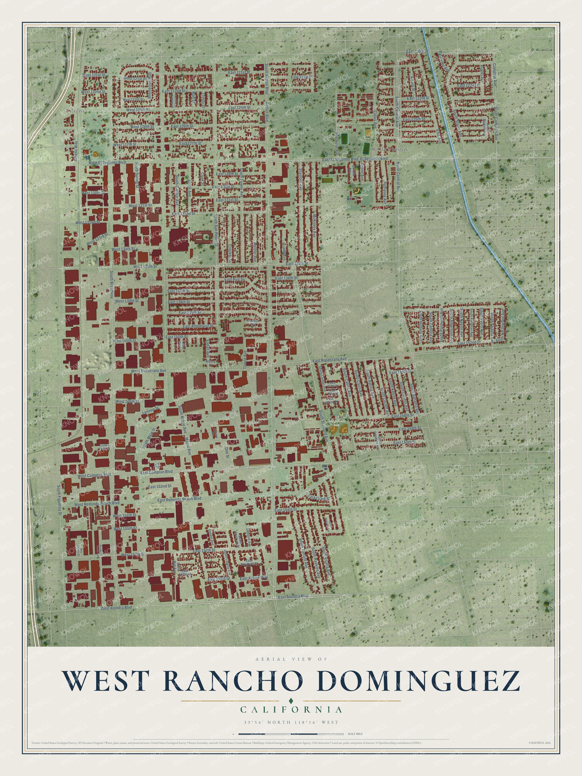 Full map of West Rancho Dominguez, California, with red buildings, printed street names and the land around them