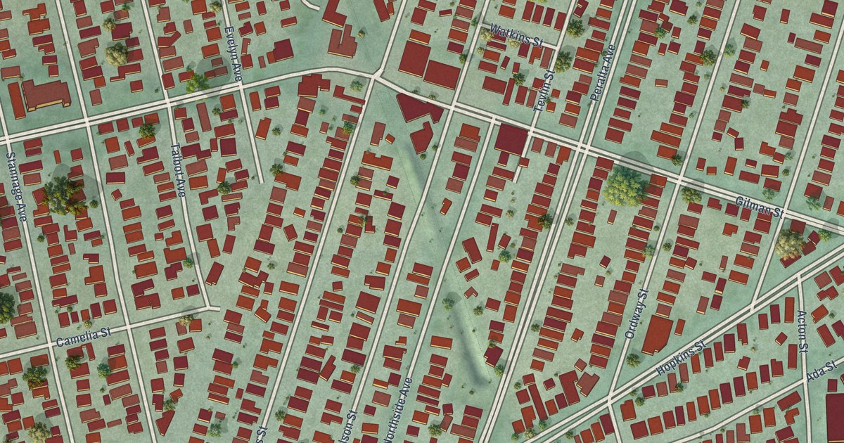 Close-up of streets and buildings in Westbrae, California