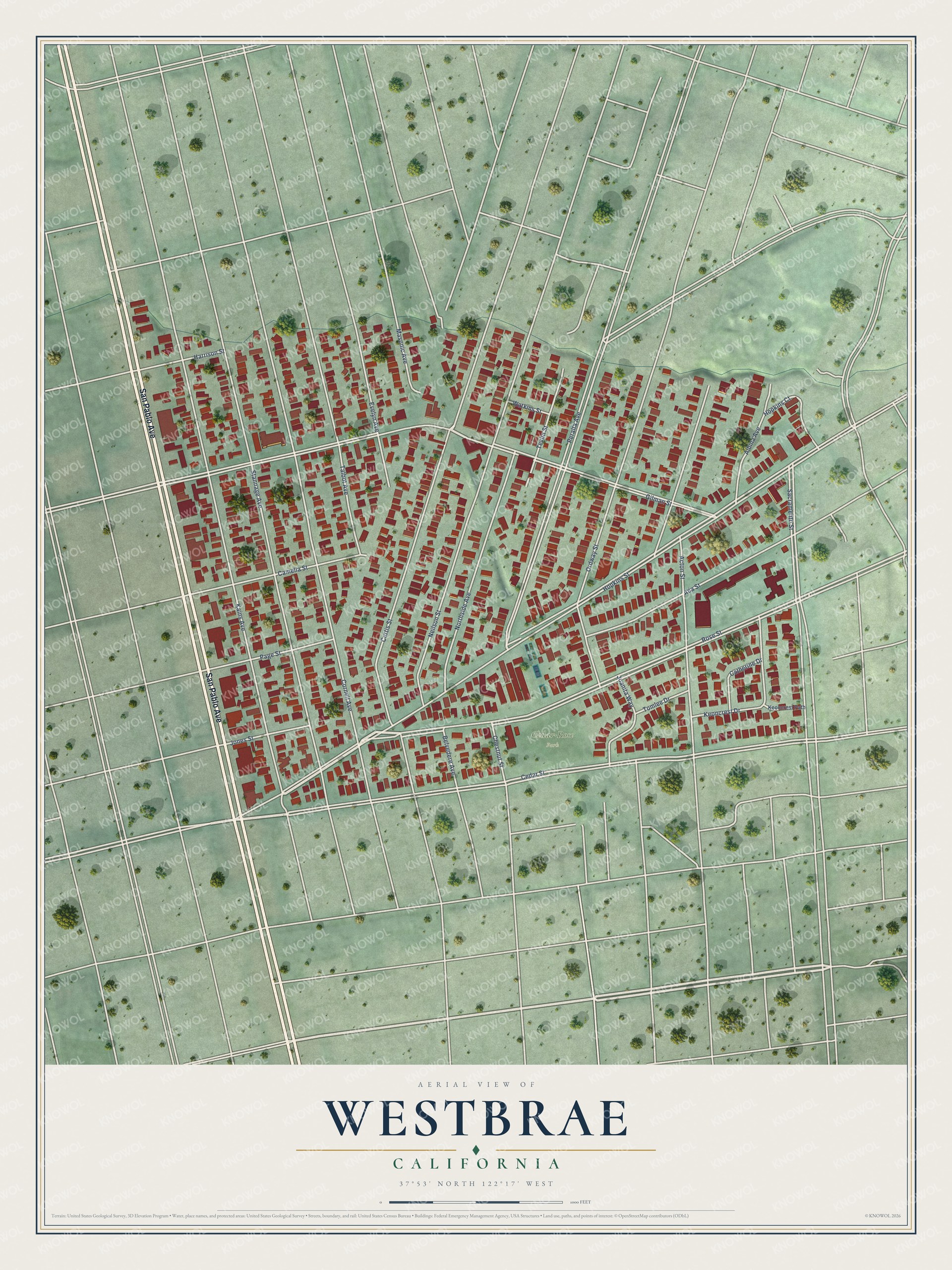 Full map of Westbrae, California, with red buildings, printed street names and the land around them