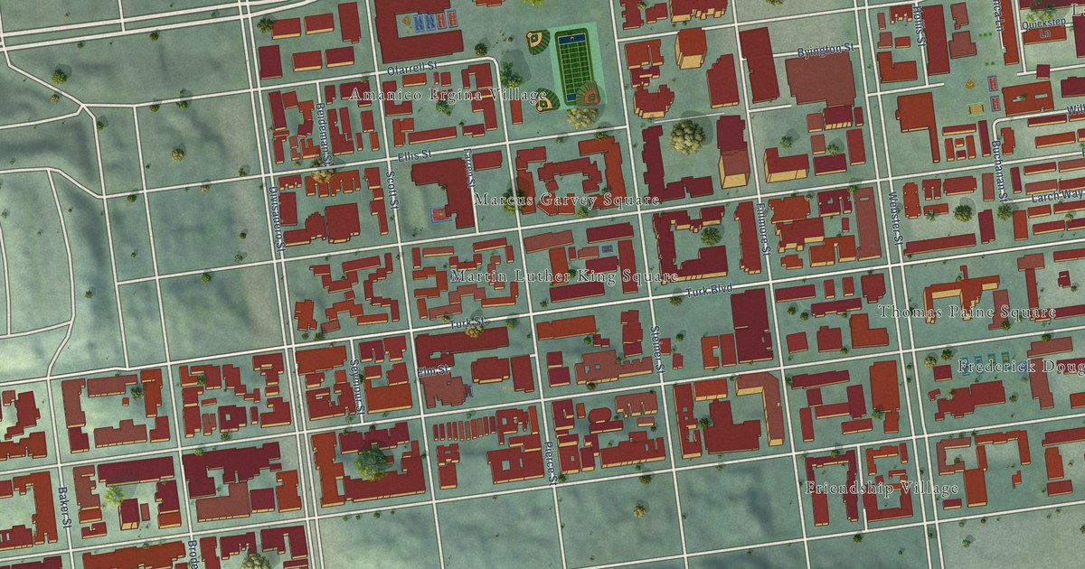 Close-up of streets and buildings in Western Addition, California