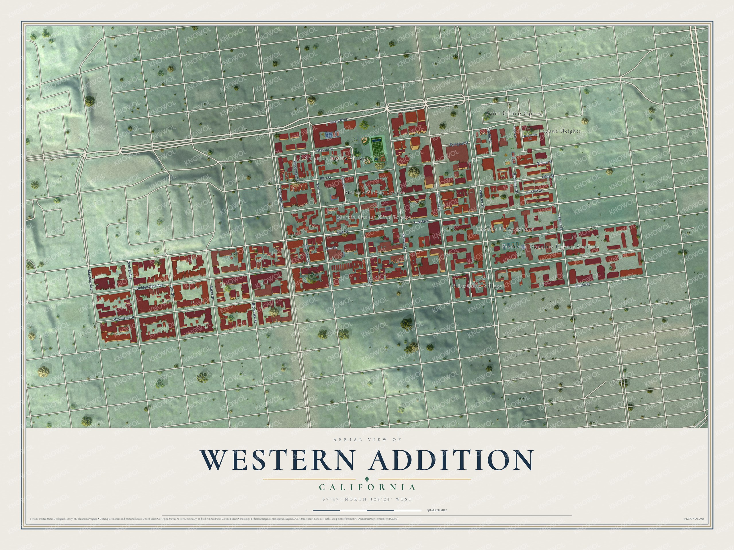 Full map of Western Addition, California, with red buildings, printed street names and the land around them