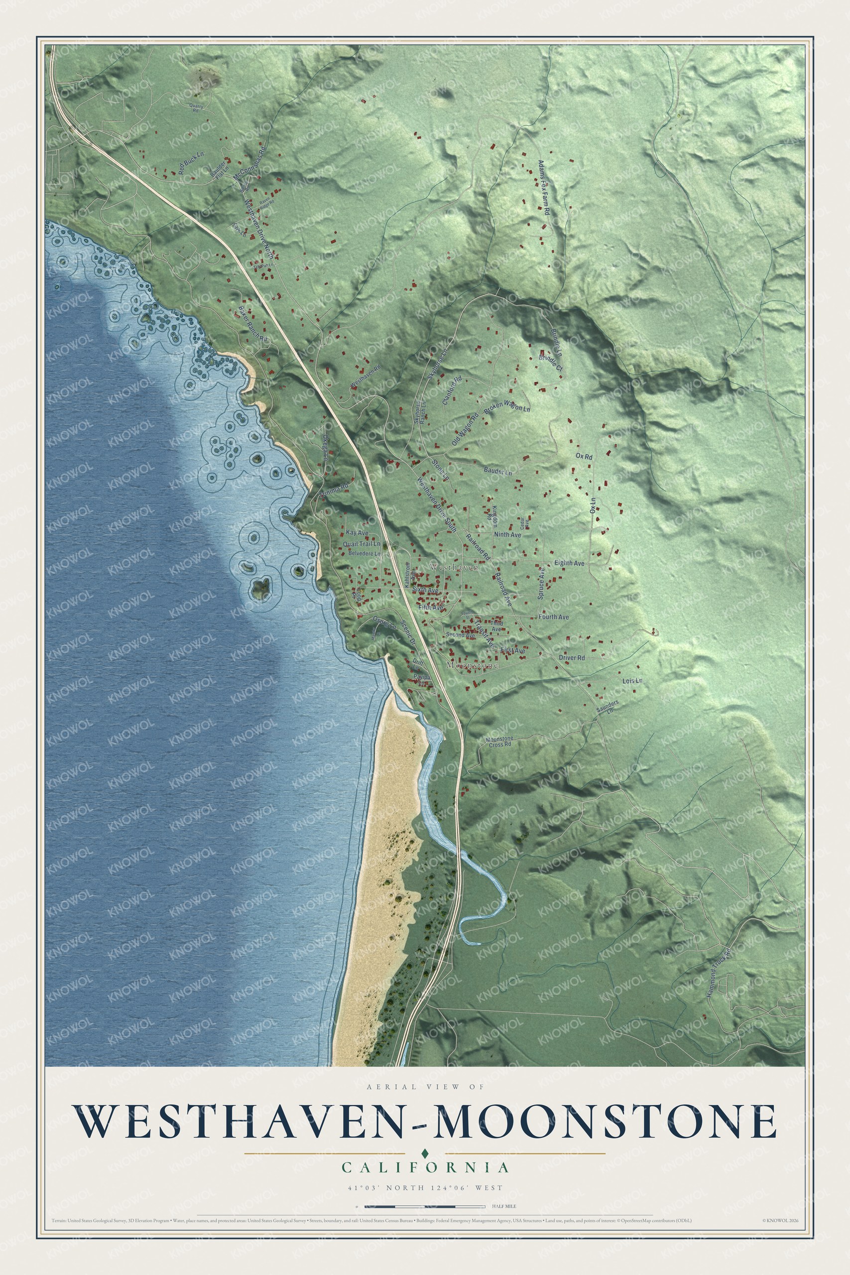 Full map of Westhaven-Moonstone, California, with red buildings, printed street names and the land around them