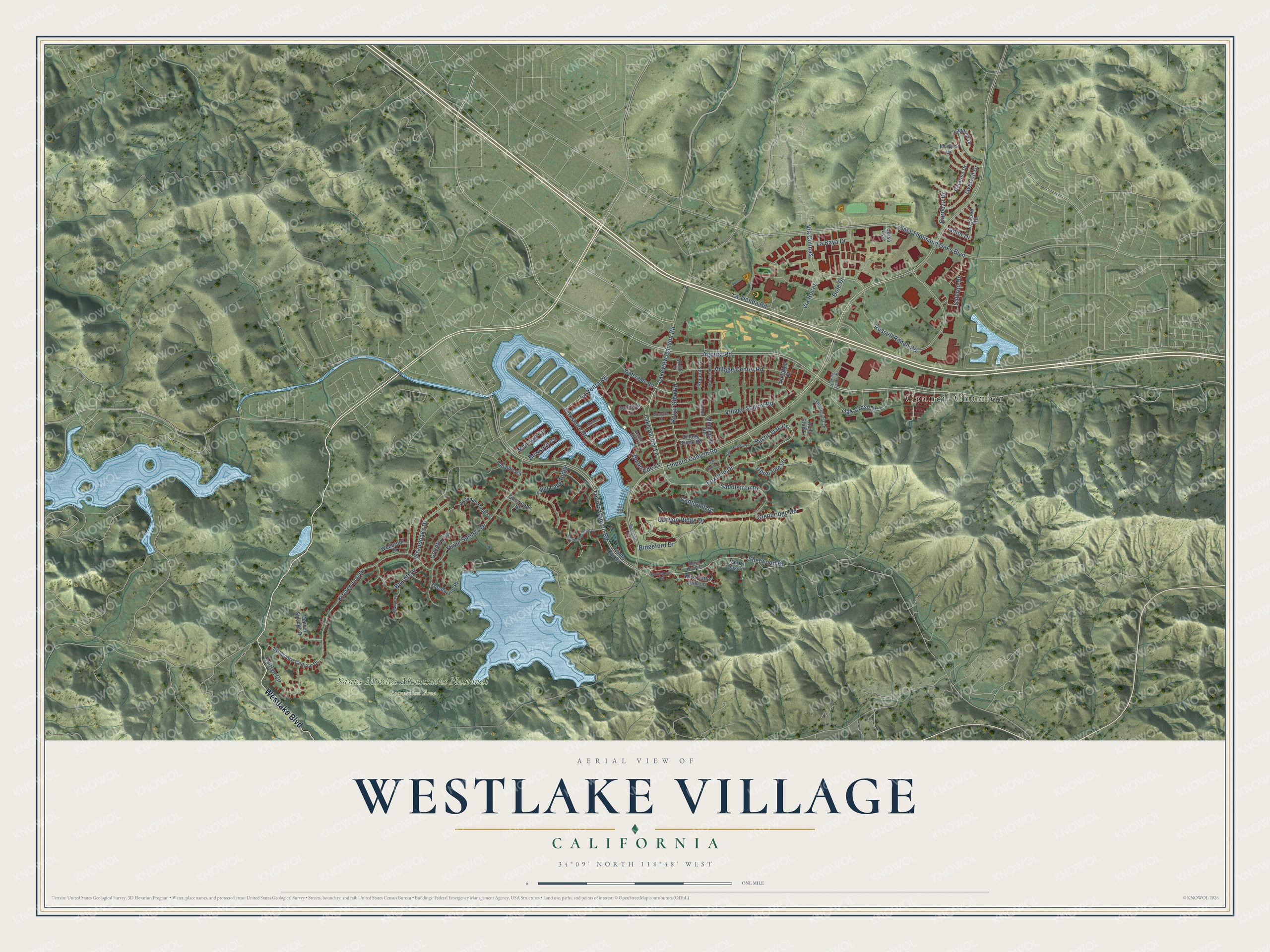 Full map of Westlake Village, California, with red buildings, printed street names and the land around them