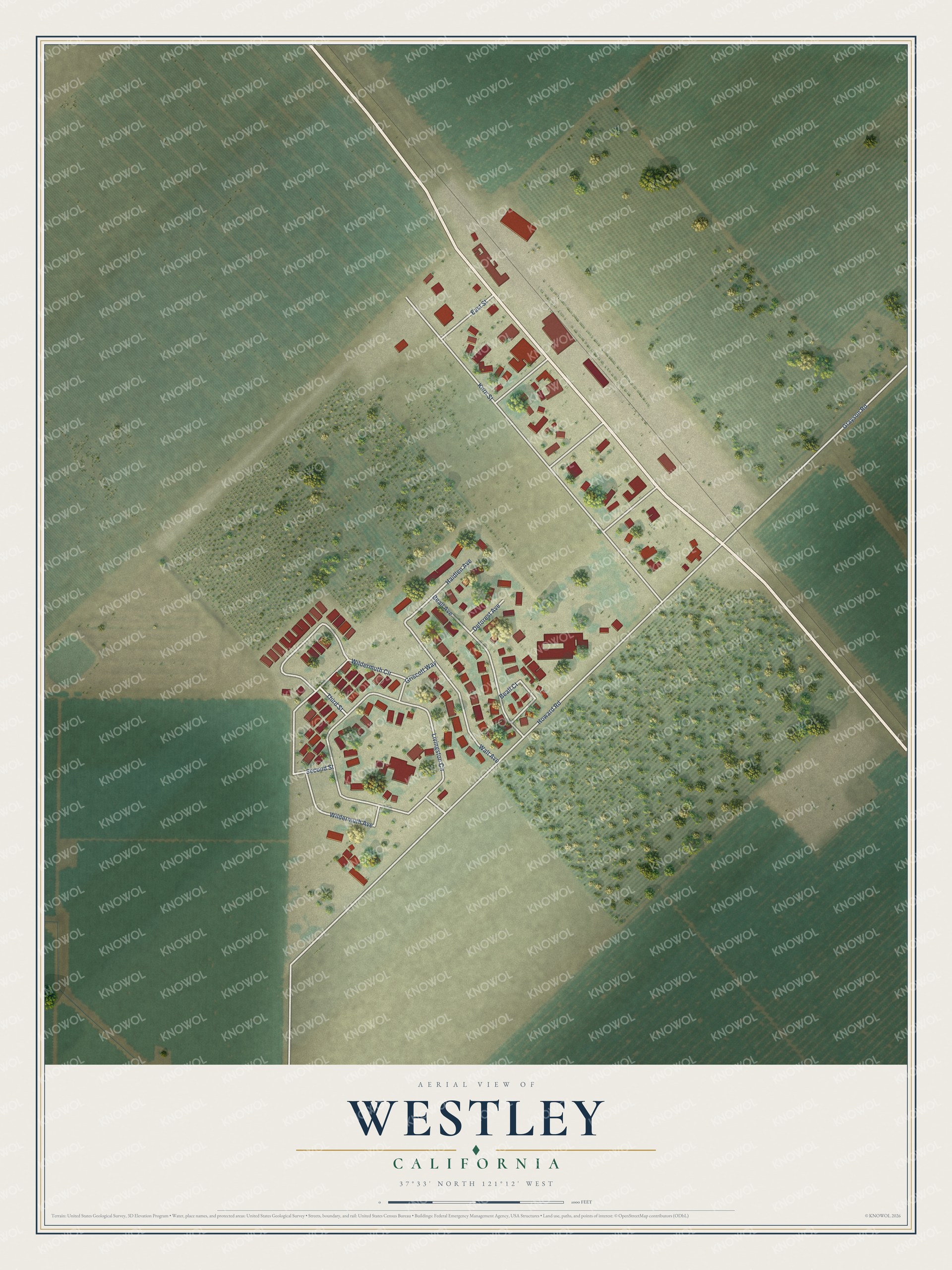 Full map of Westley, California, with red buildings, printed street names and the land around them