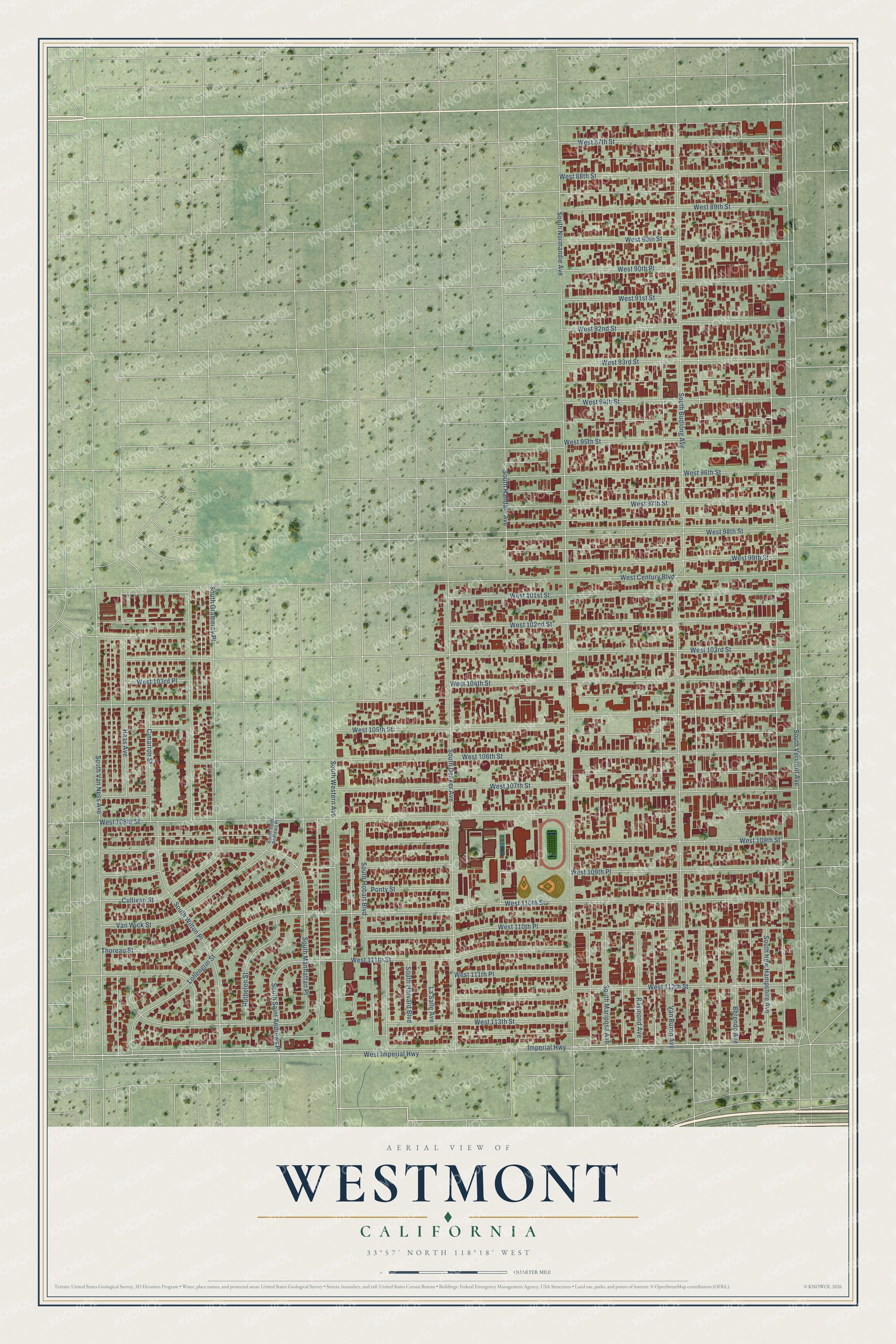 Full map of Westmont, California, with red buildings, printed street names and the land around them