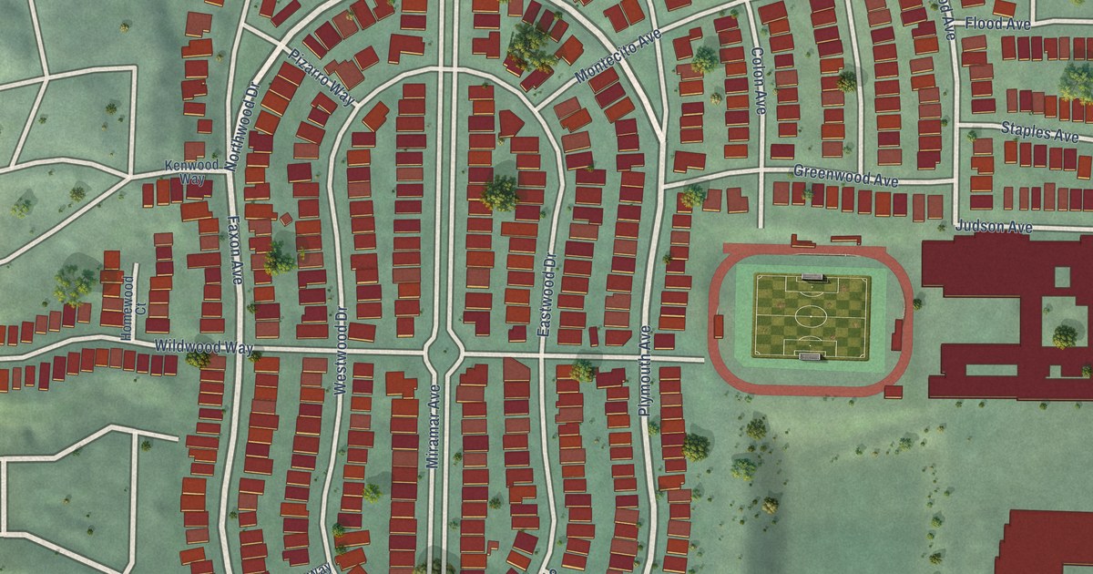 Close-up of streets and buildings in Westwood Park, California