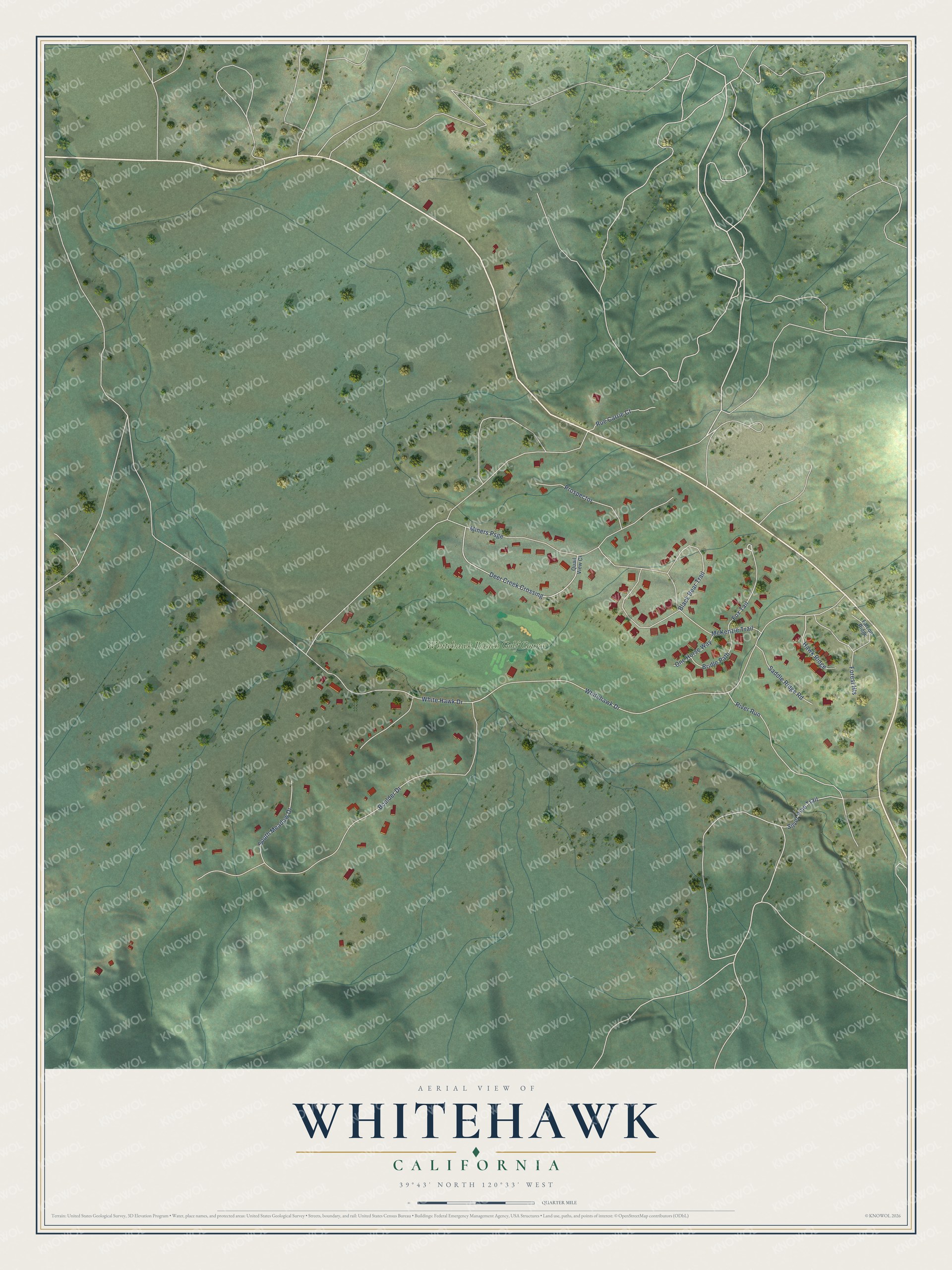 Full map of Whitehawk, California, with red buildings, printed street names and the land around them