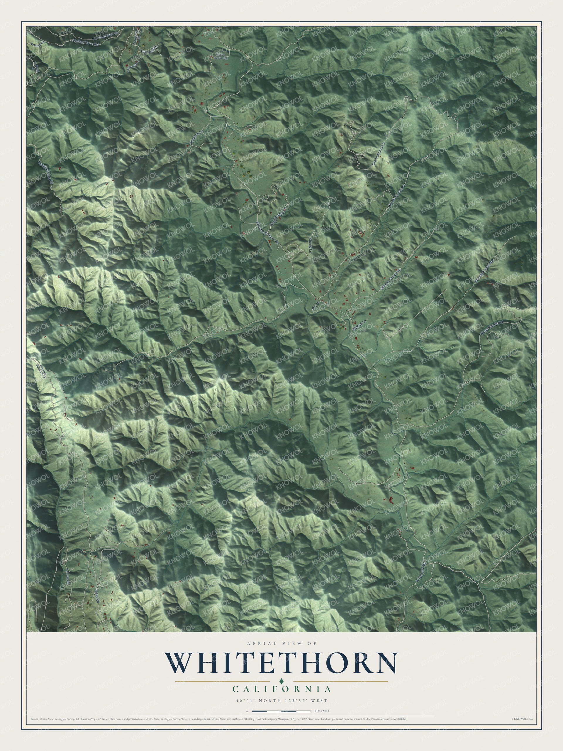 Full map of Whitethorn, California, with red buildings, printed street names and the land around them