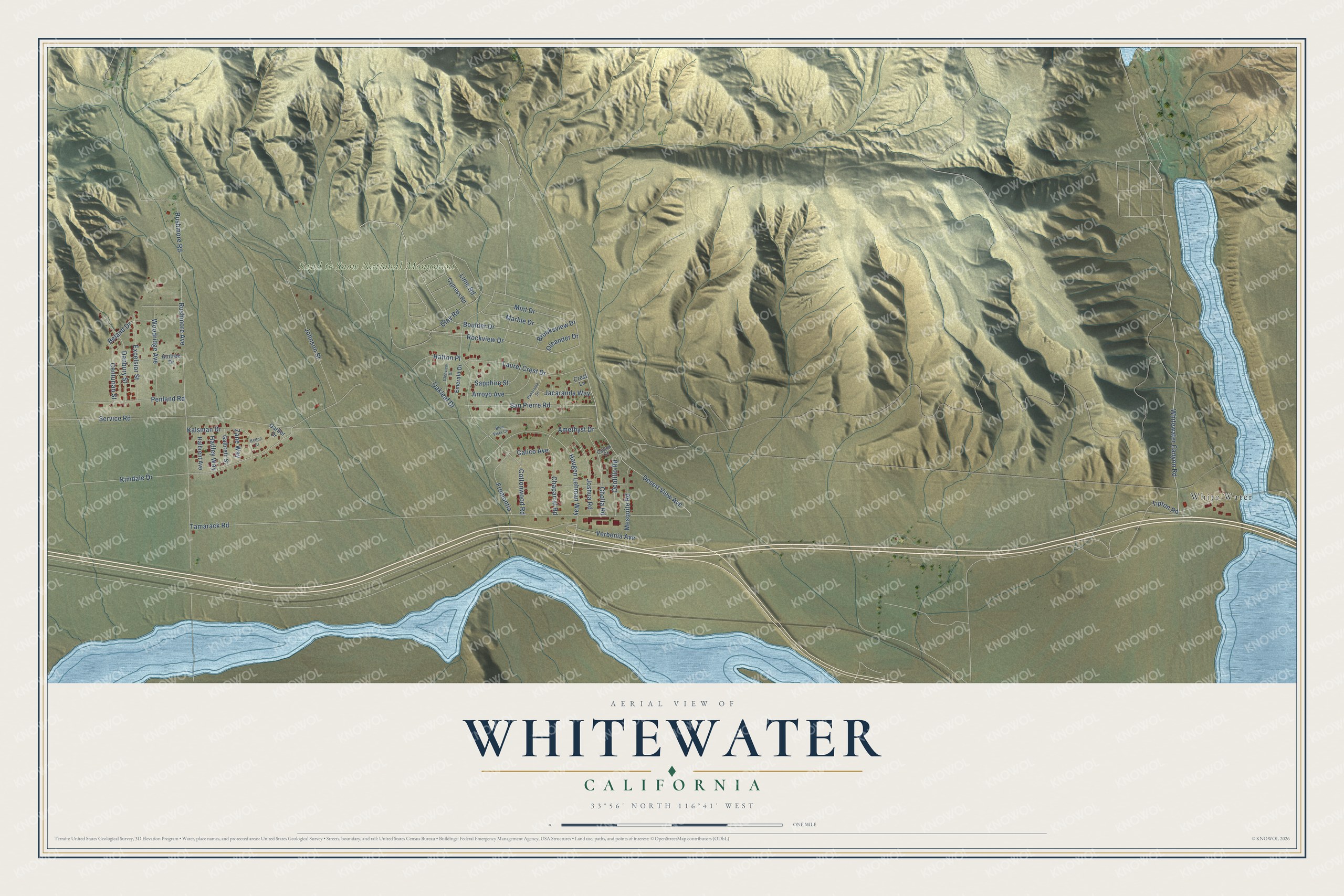 Full map of Whitewater, California, with red buildings, printed street names and the land around them