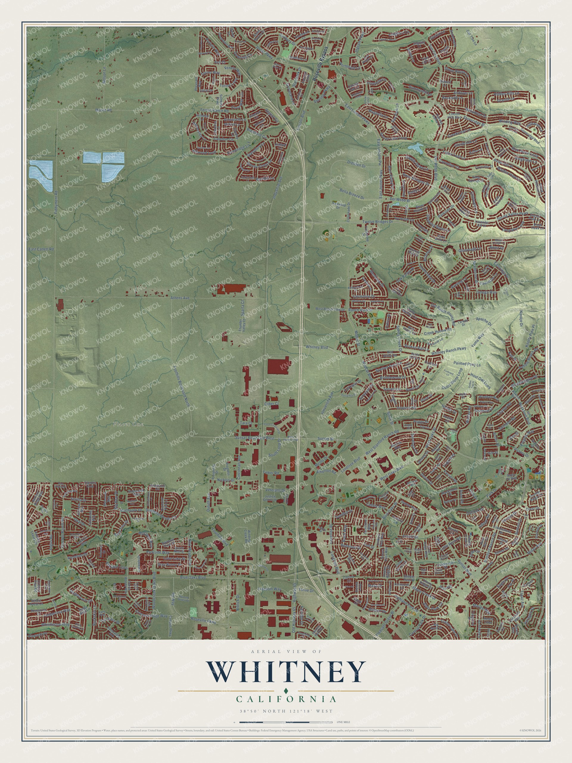 Full map of Whitney, California, with red buildings, printed street names and the land around them