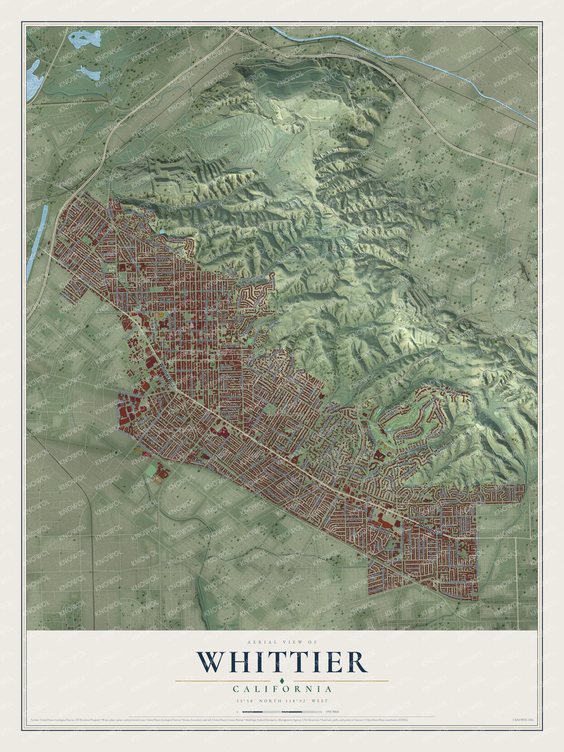 Full map of Whittier, California, with red buildings, printed street names and the land around them