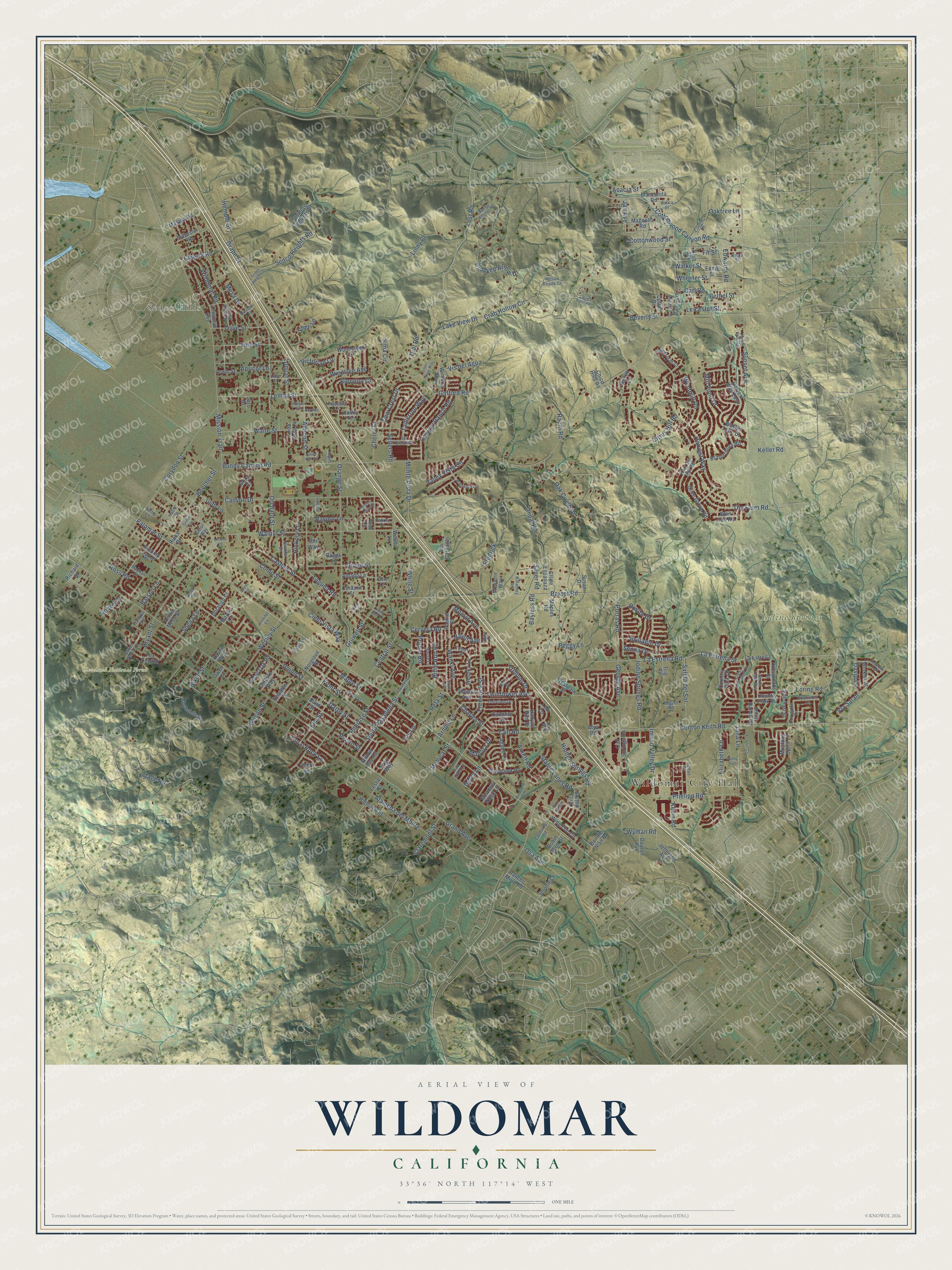 Full map of Wildomar, California, with red buildings, printed street names and the land around them