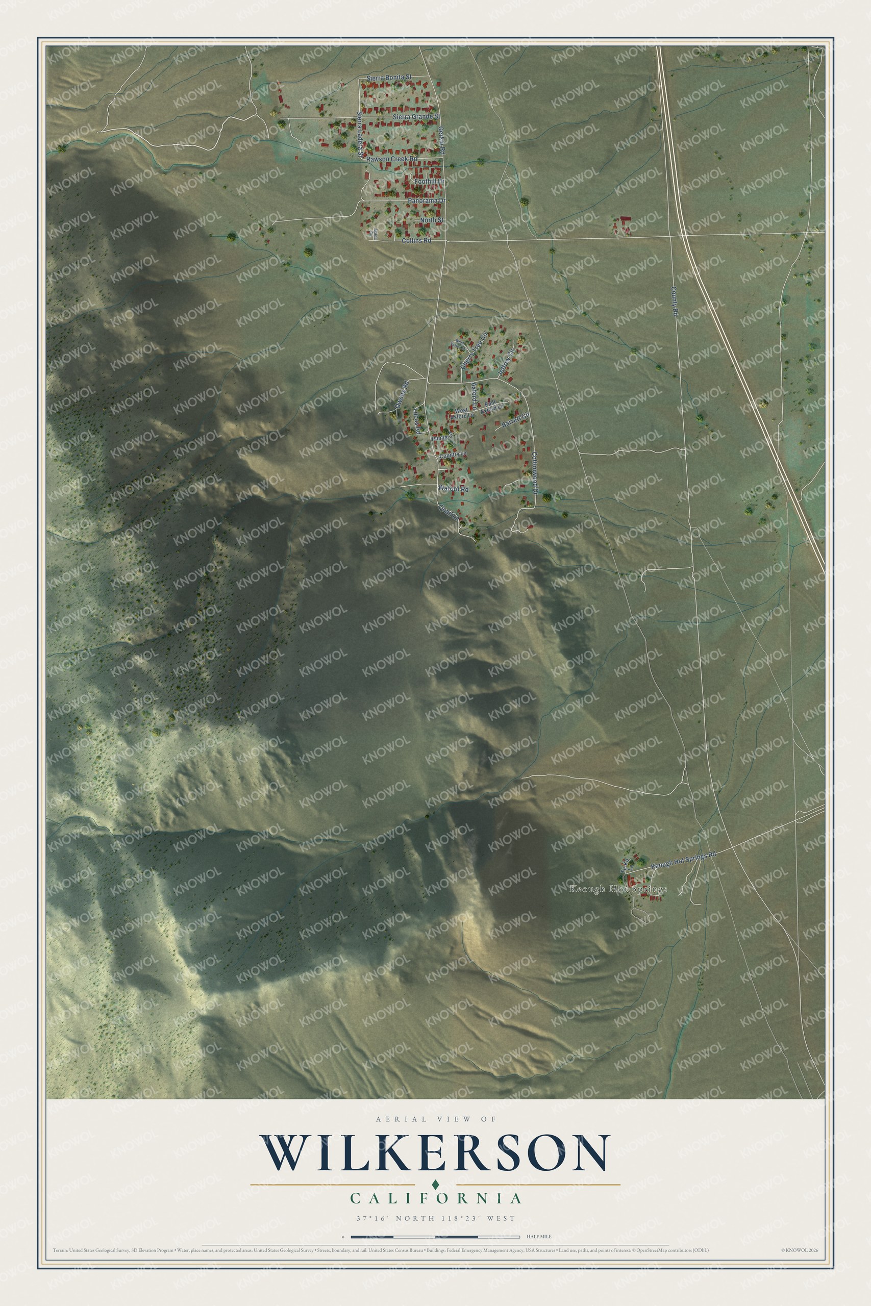 Full map of Wilkerson, California, with red buildings, printed street names and the land around them