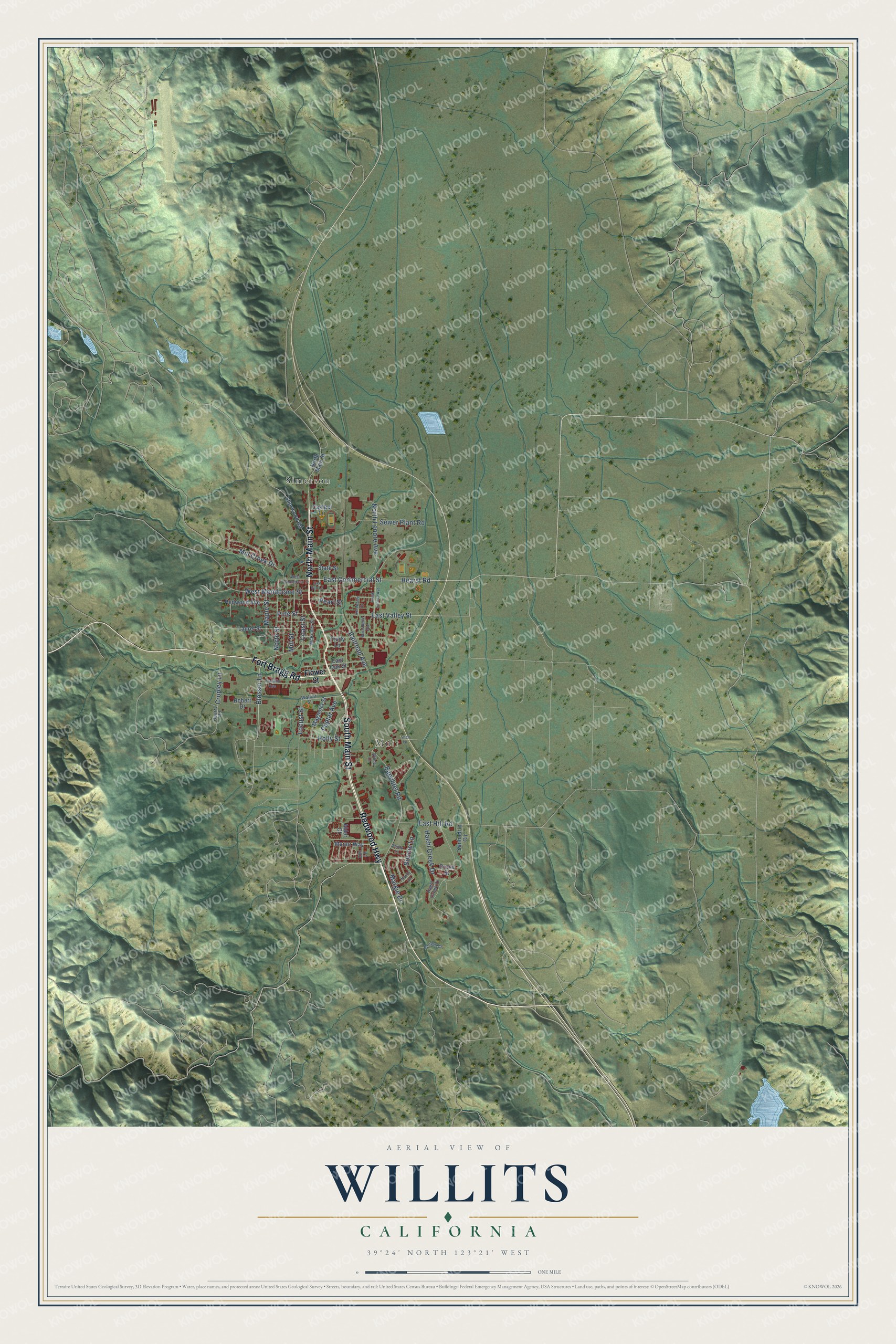 Full map of Willits, California, with red buildings, printed street names and the land around them