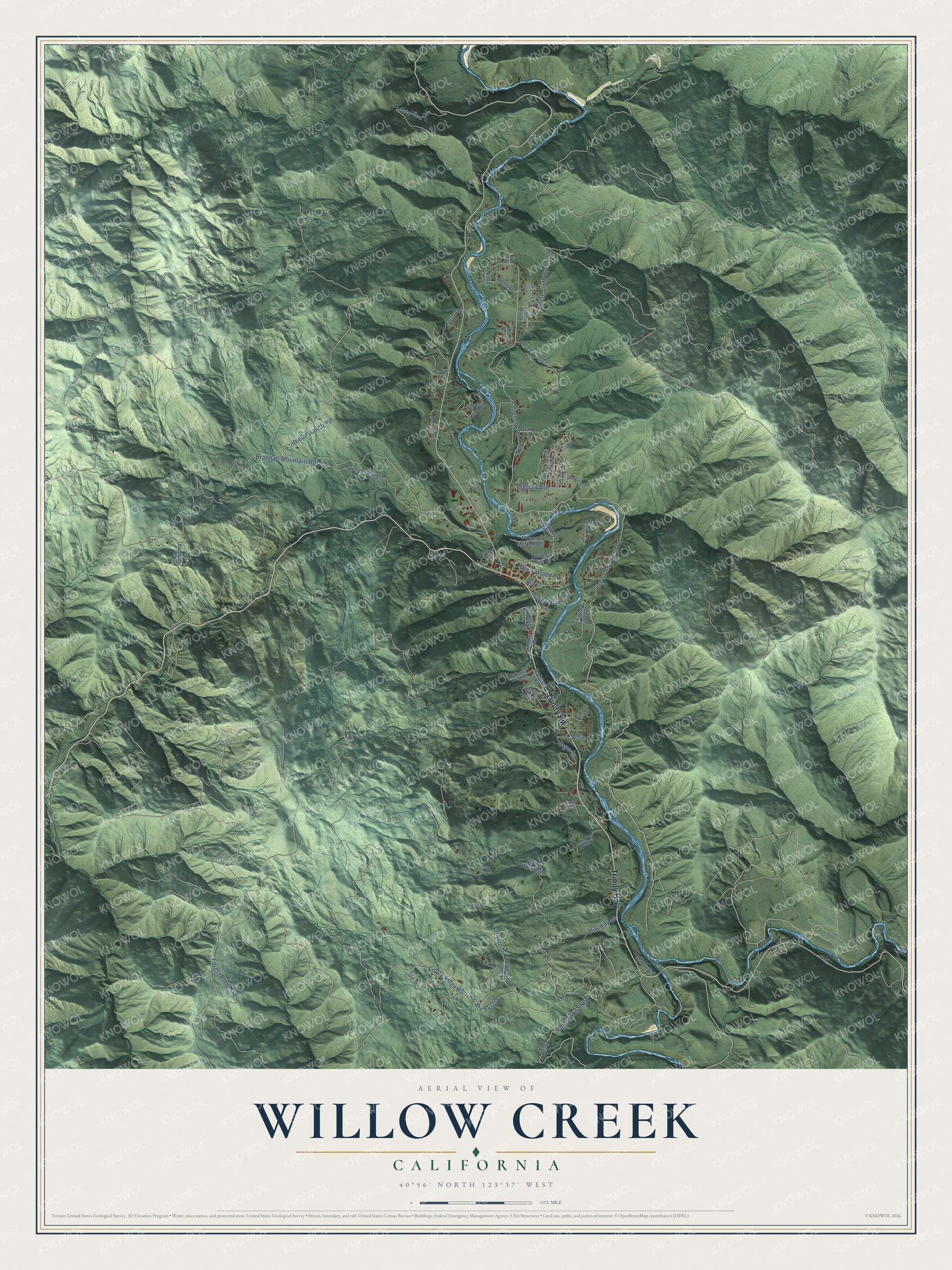 Full map of Willow Creek, California, with red buildings, printed street names and the land around them