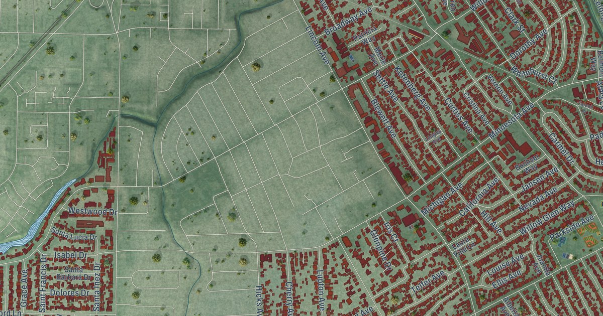 Close-up of streets and buildings in Willow Glen, California