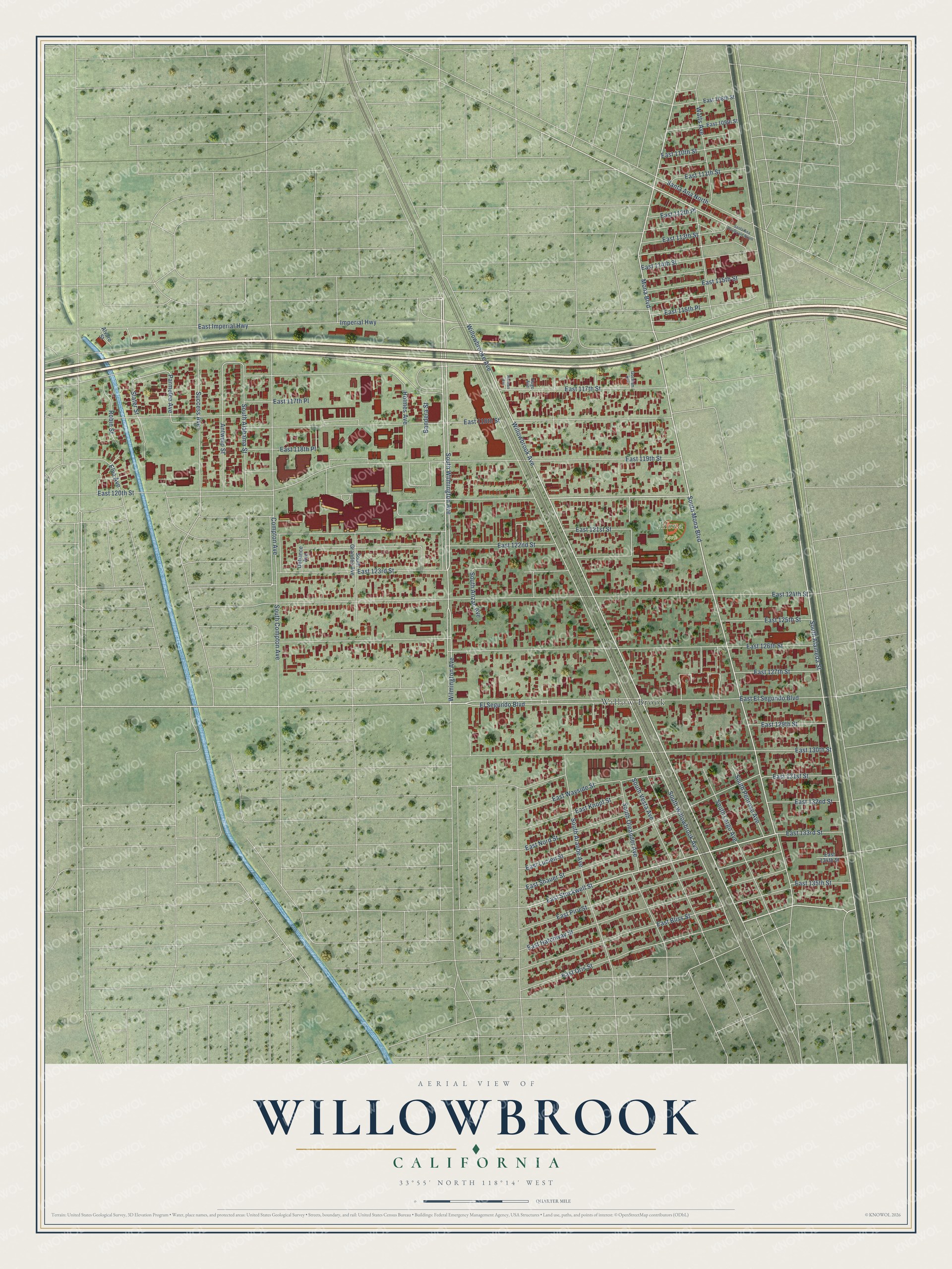 Full map of Willowbrook, California, with red buildings, printed street names and the land around them