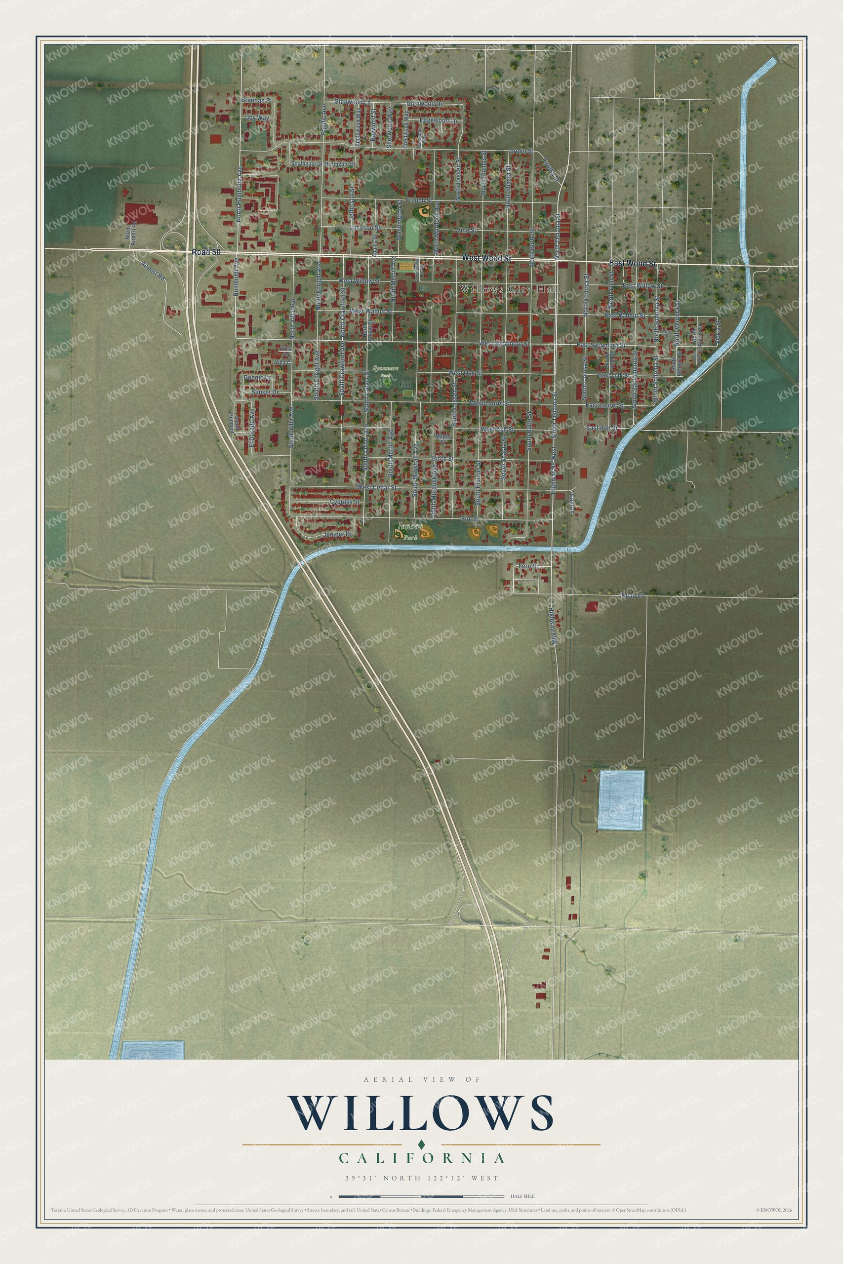 Full map of Willows, California, with red buildings, printed street names and the land around them