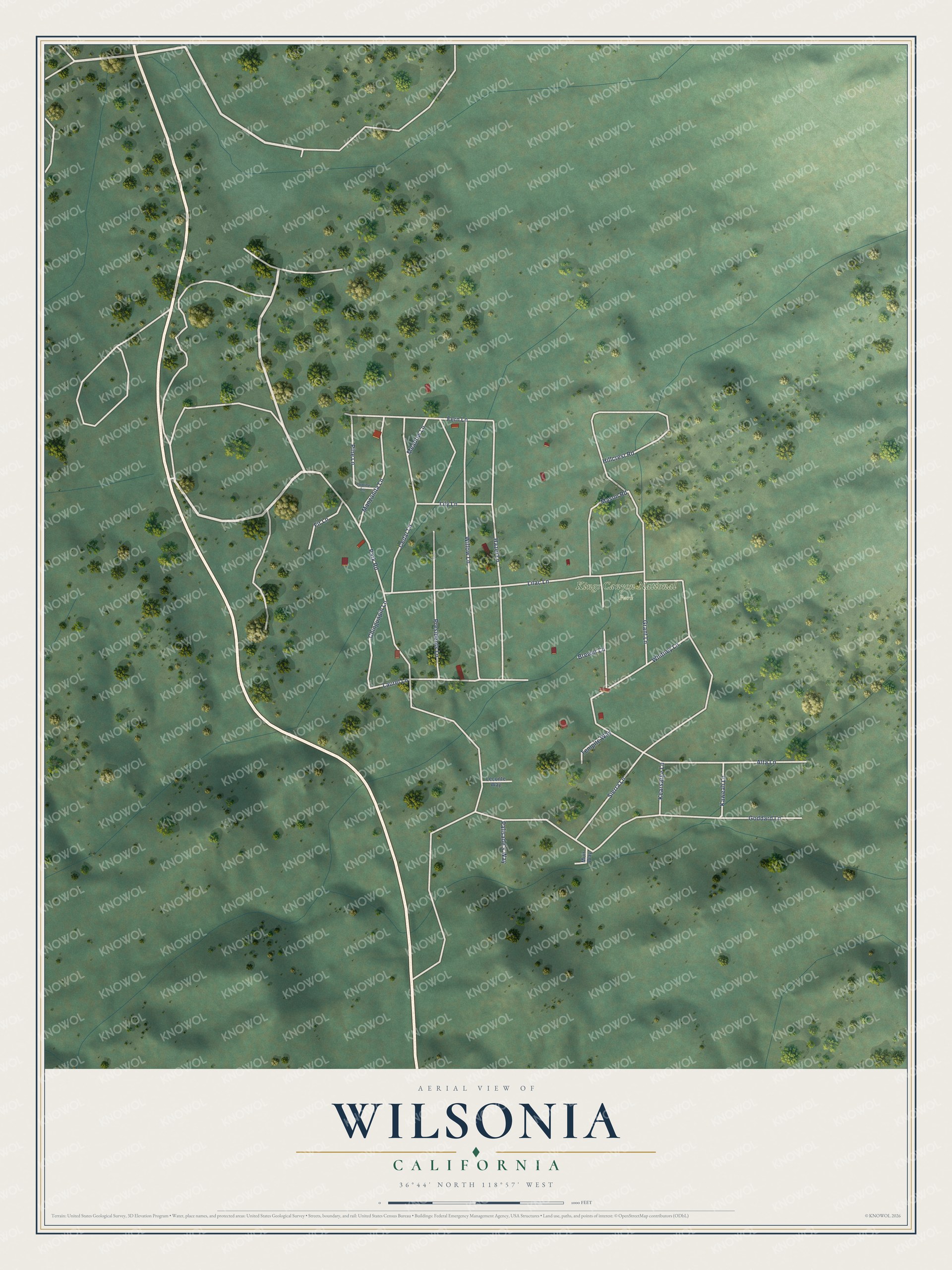 Full map of Wilsonia, California, with red buildings, printed street names and the land around them