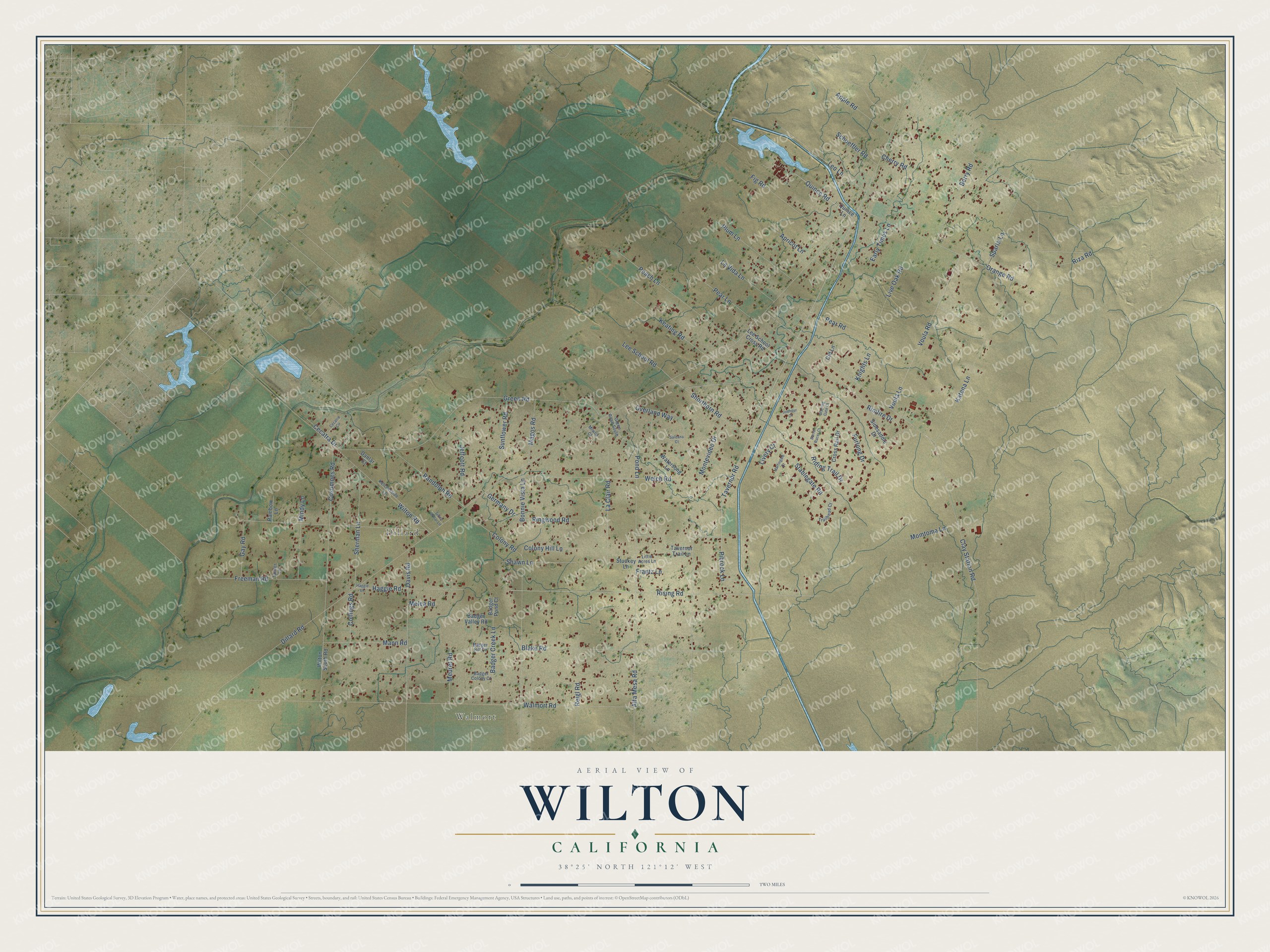 Full map of Wilton, California, with red buildings, printed street names and the land around them