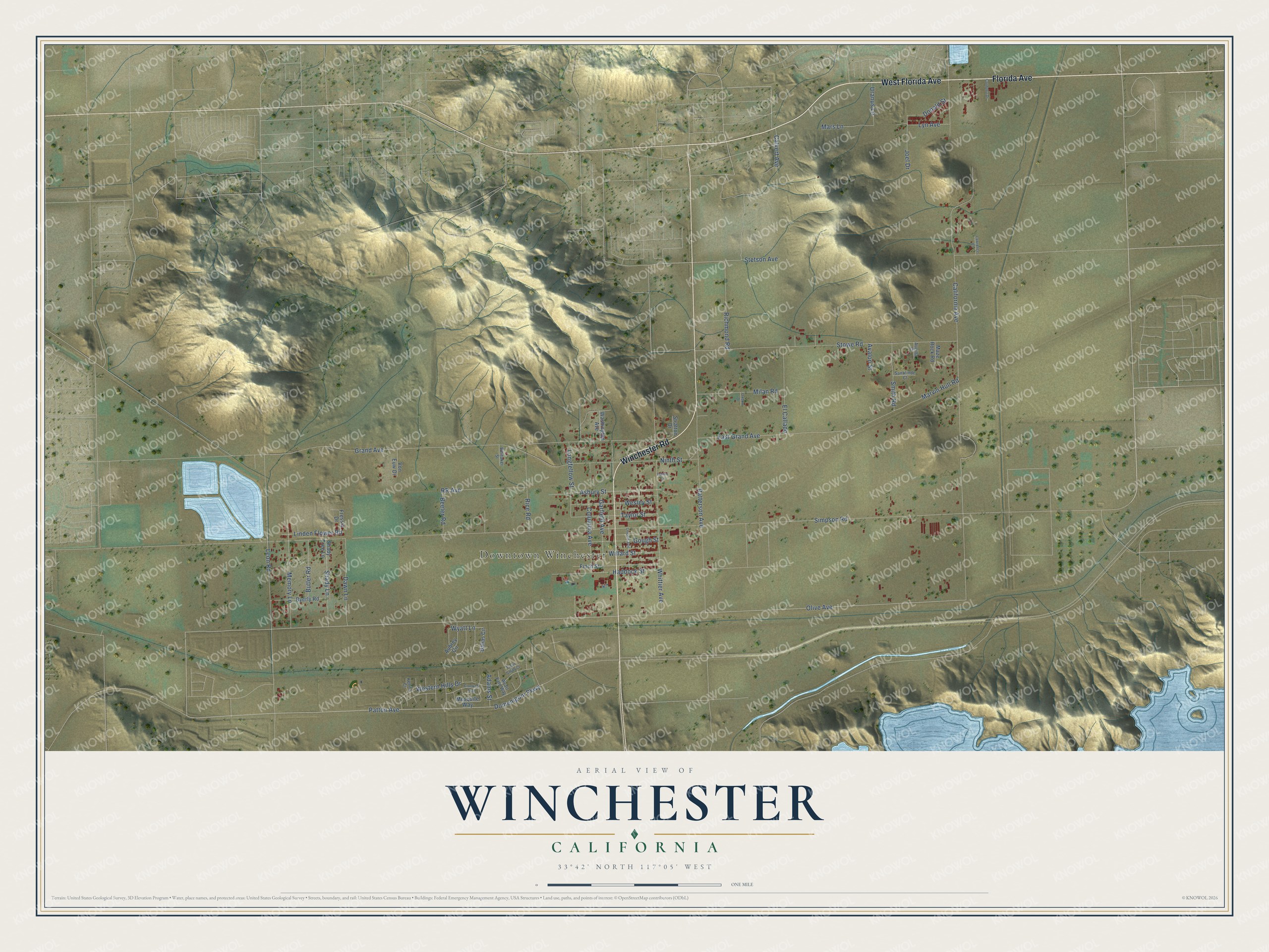 Full map of Winchester, California, with red buildings, printed street names and the land around them