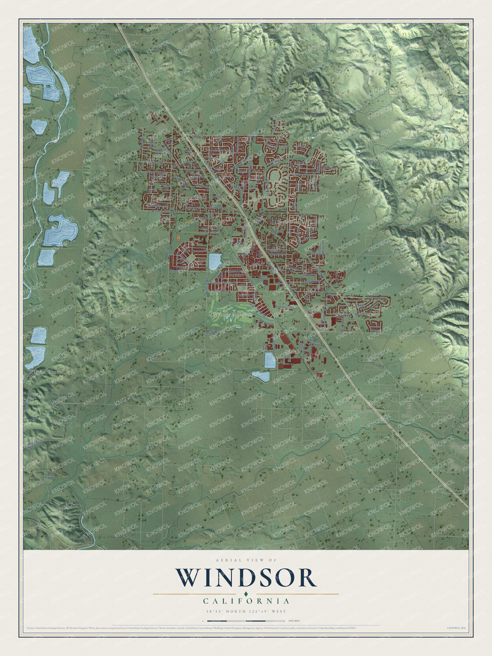 Full map of Windsor, California, with red buildings, printed street names and the land around them