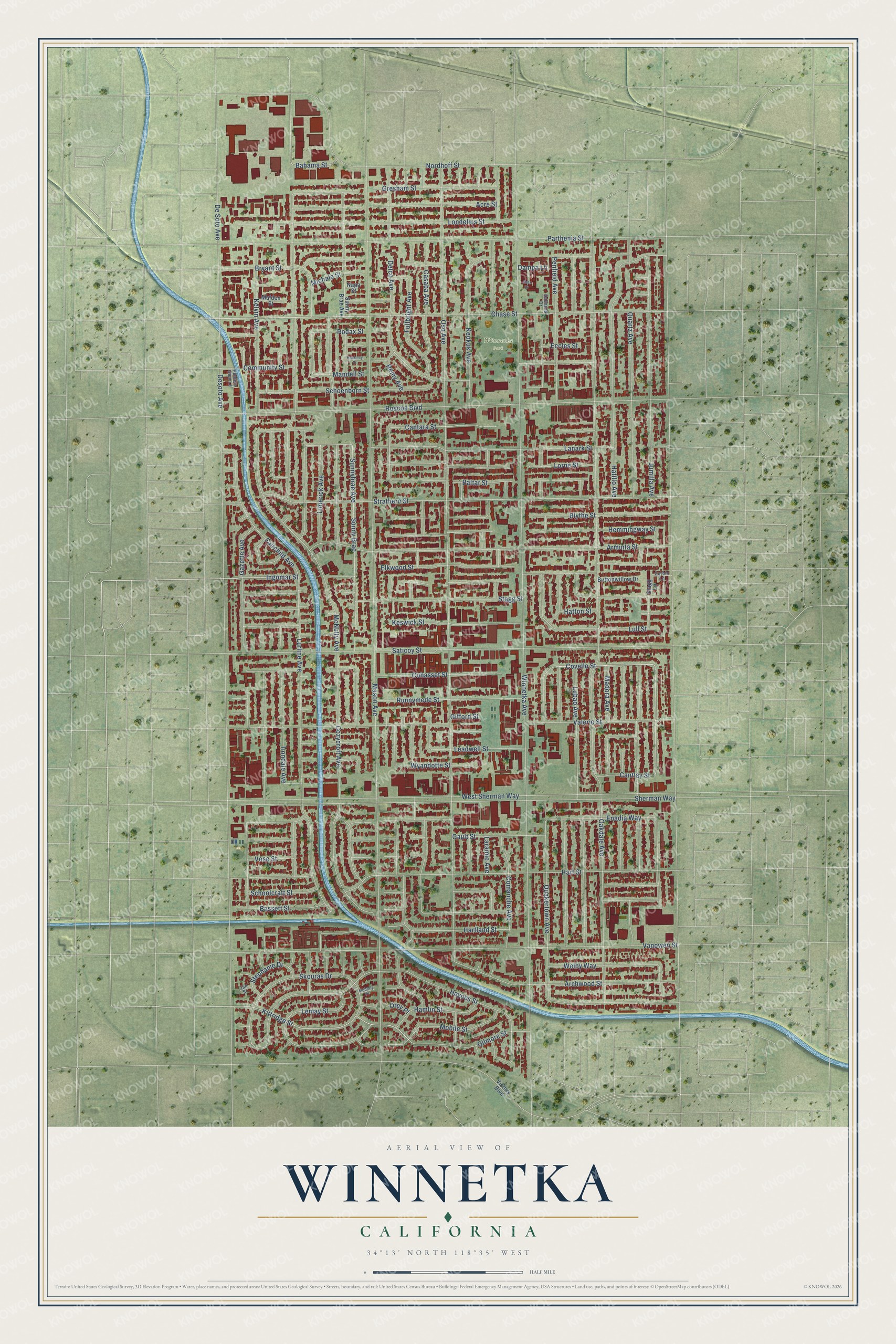 Full map of Winnetka, California, with red buildings, printed street names and the land around them