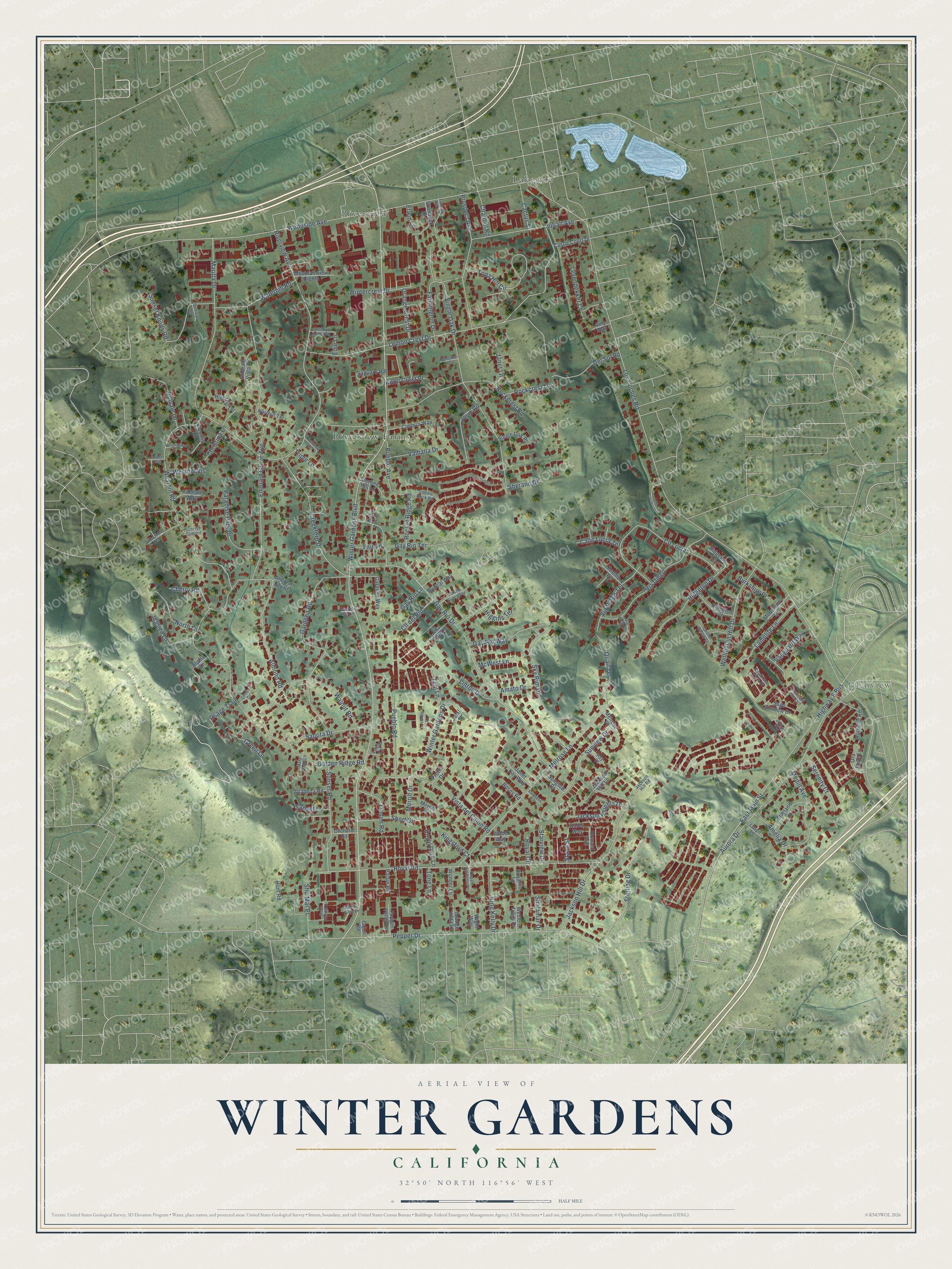 Full map of Winter Gardens, California, with red buildings, printed street names and the land around them