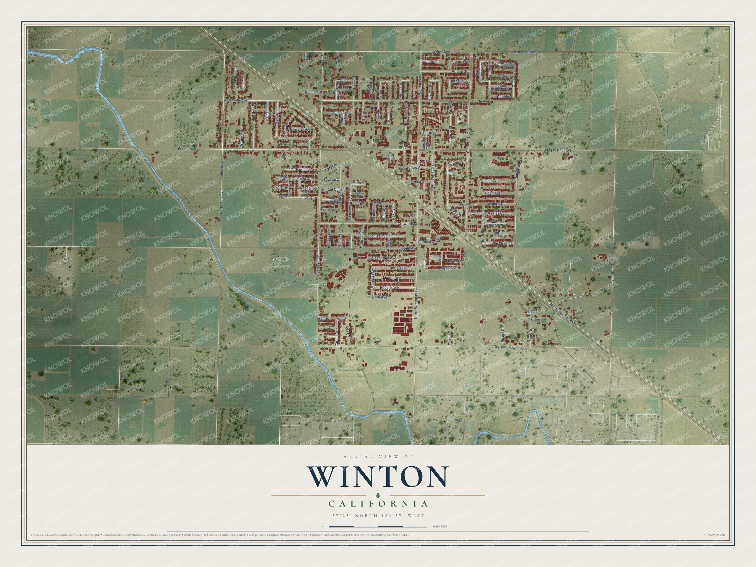 Full map of Winton, California, with red buildings, printed street names and the land around them