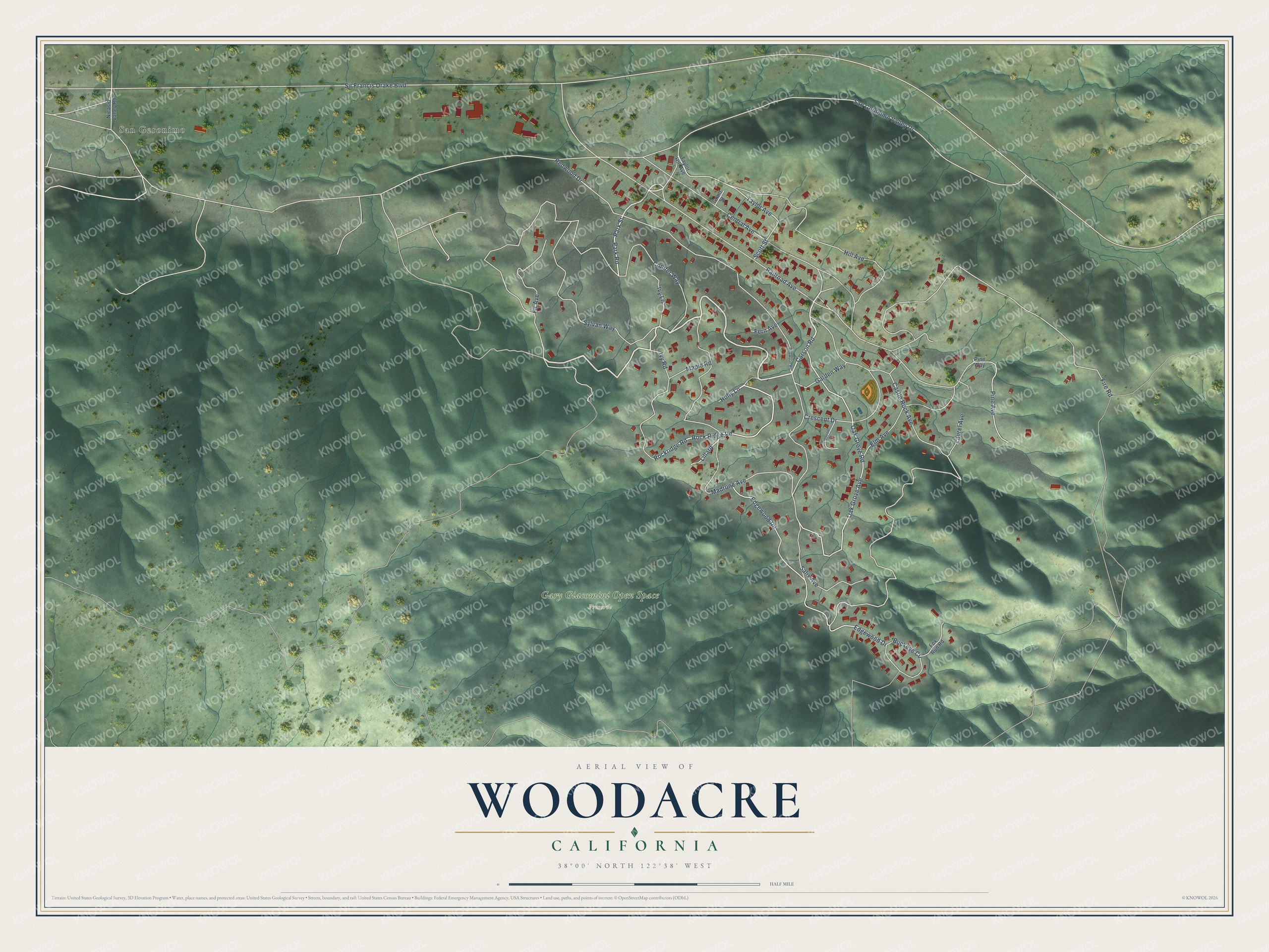 Full map of Woodacre, California, with red buildings, printed street names and the land around them