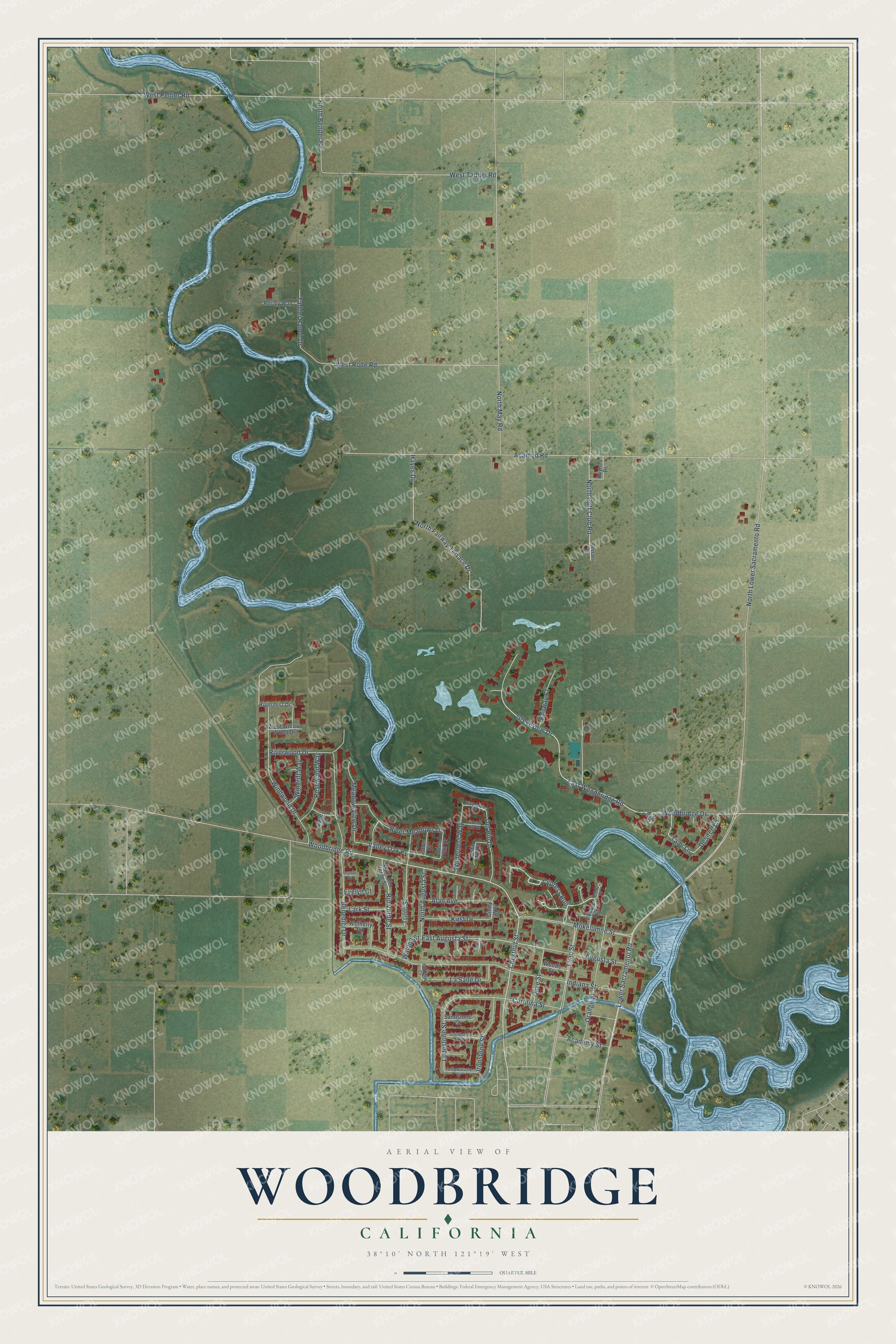 Full map of Woodbridge, California, with red buildings, printed street names and the land around them