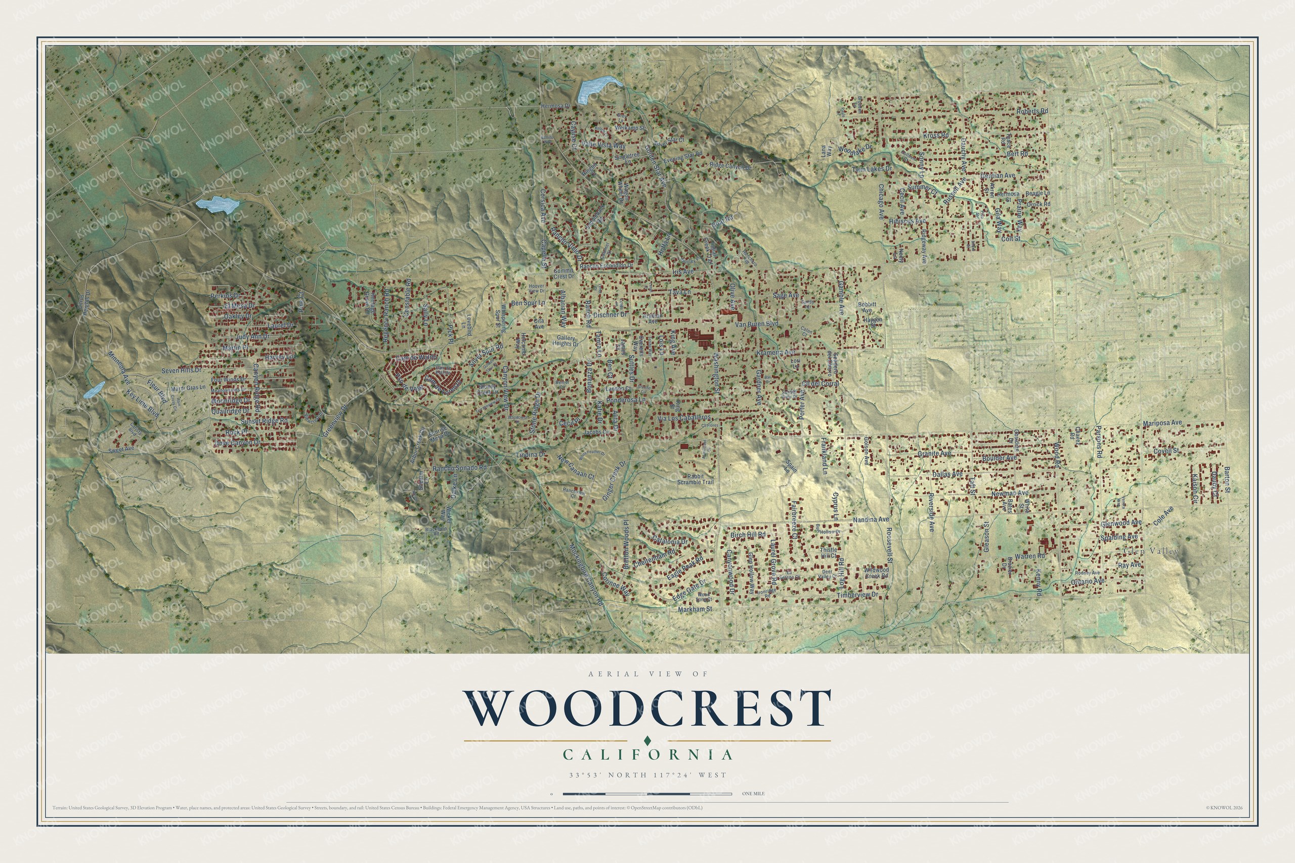 Full map of Woodcrest, California, with red buildings, printed street names and the land around them
