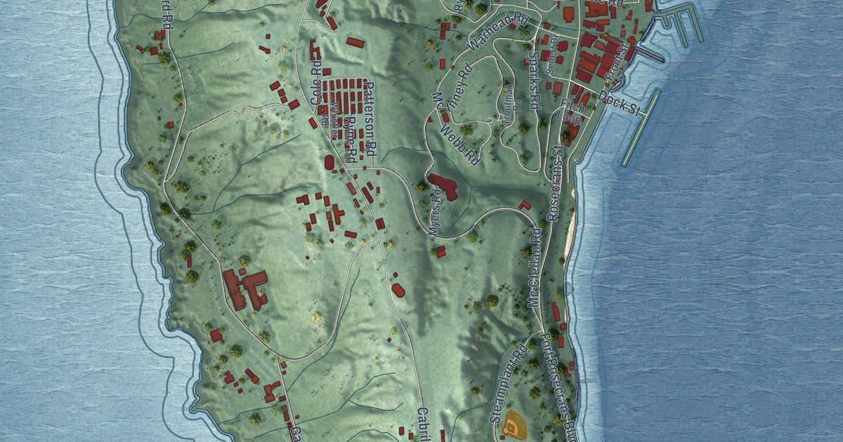 Close-up of streets and buildings in Wooded Area, California