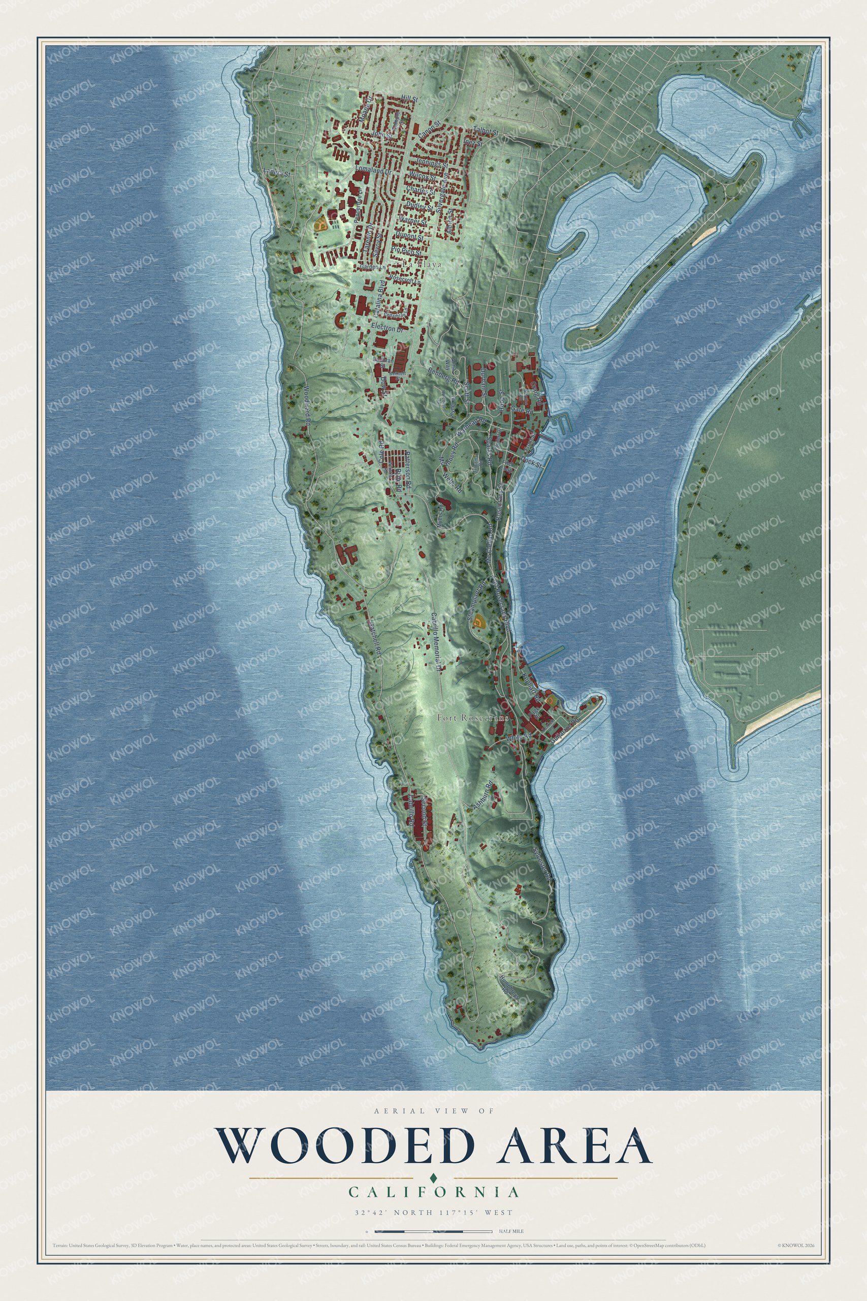 Full map of Wooded Area, California, with red buildings, printed street names and the land around them