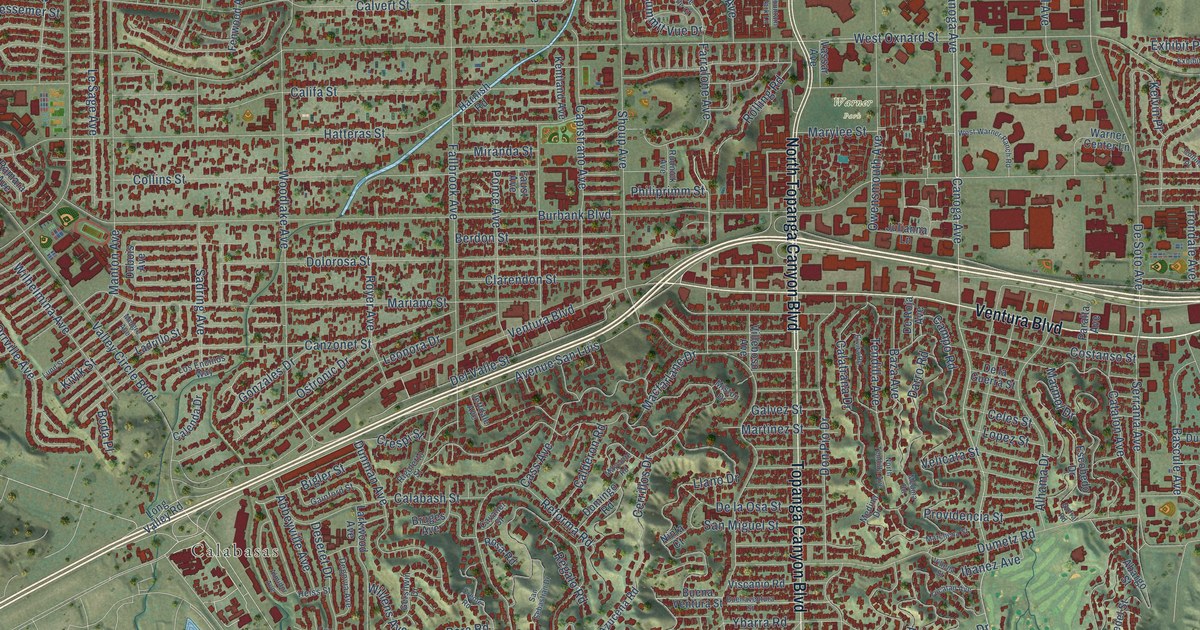 Close-up of streets and buildings in Woodland Hills, California