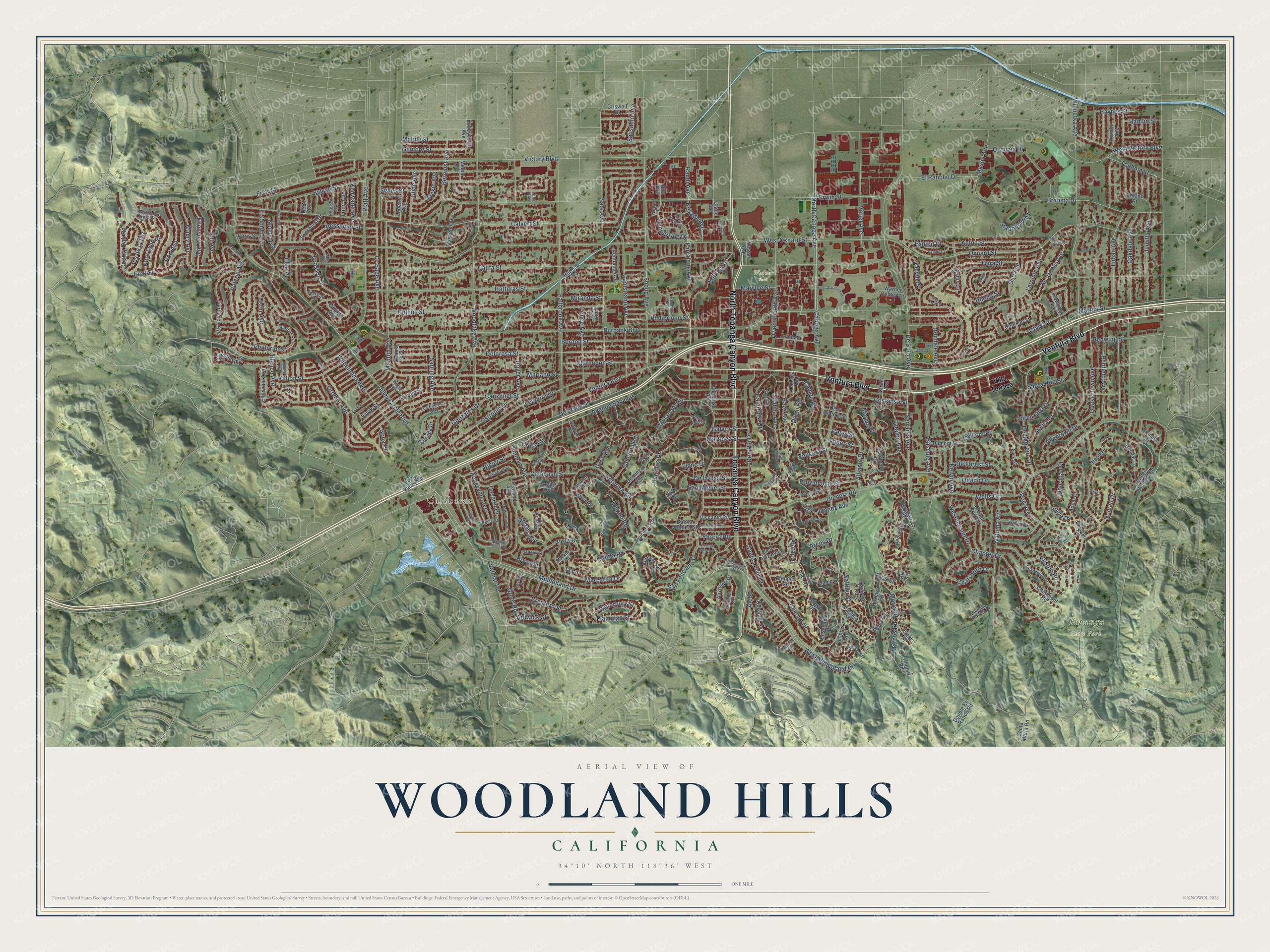 Full map of Woodland Hills, California, with red buildings, printed street names and the land around them