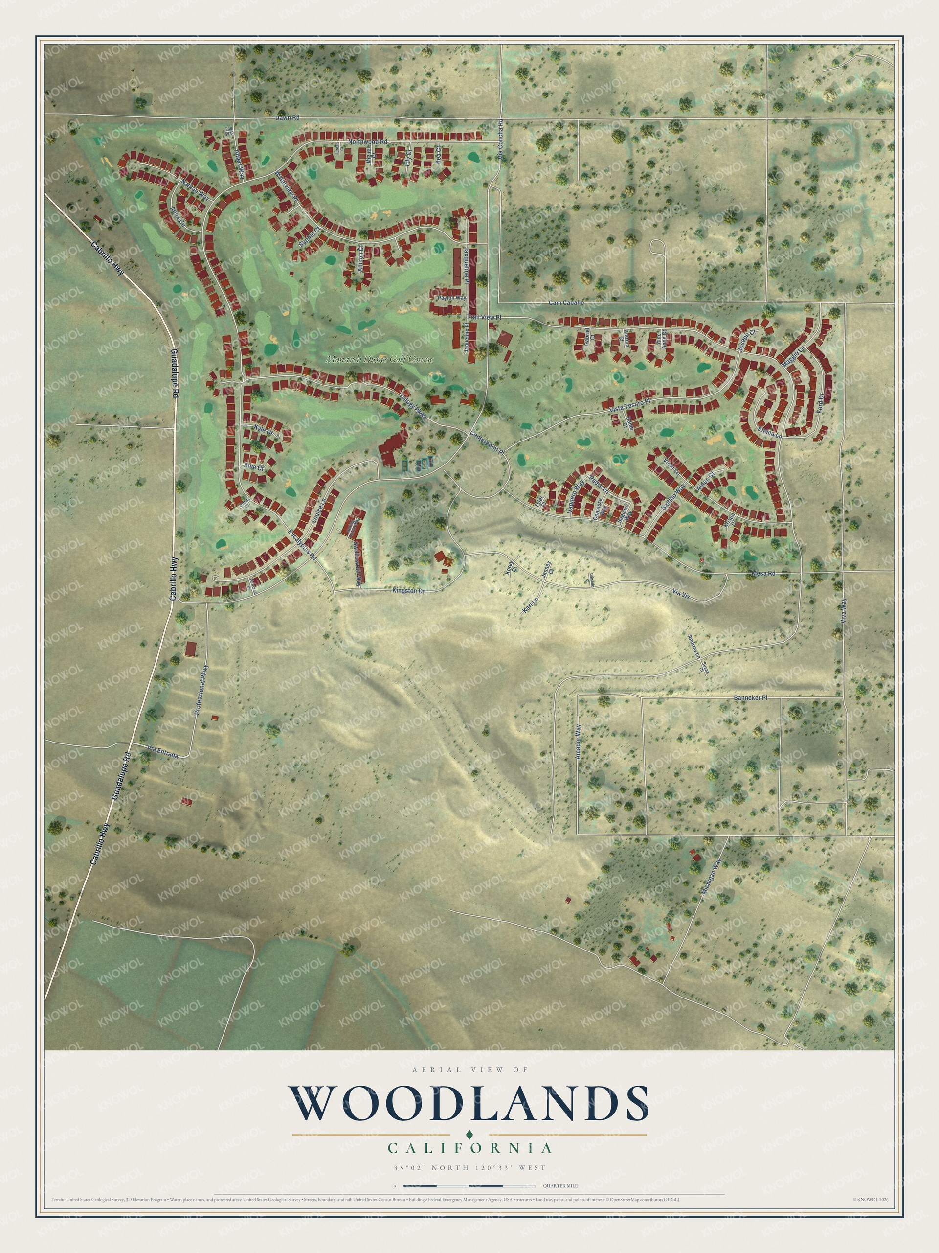 Full map of Woodlands, California, with red buildings, printed street names and the land around them