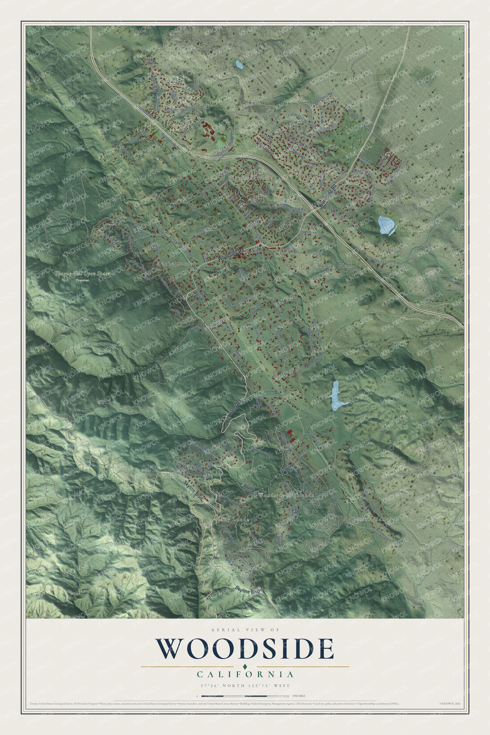 Full map of Woodside, California, with red buildings, printed street names and the land around them