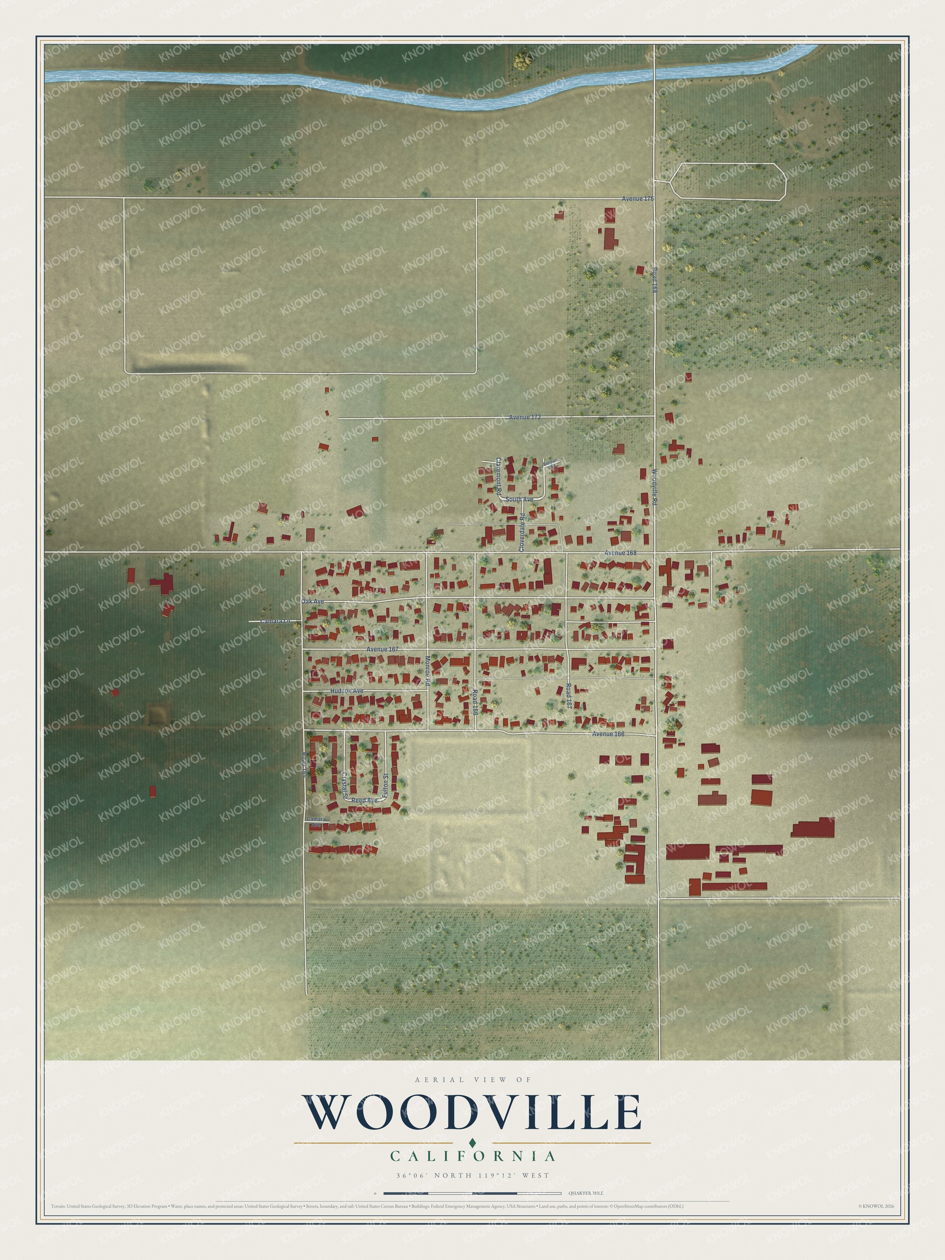 Full map of Woodville, California, with red buildings, printed street names and the land around them