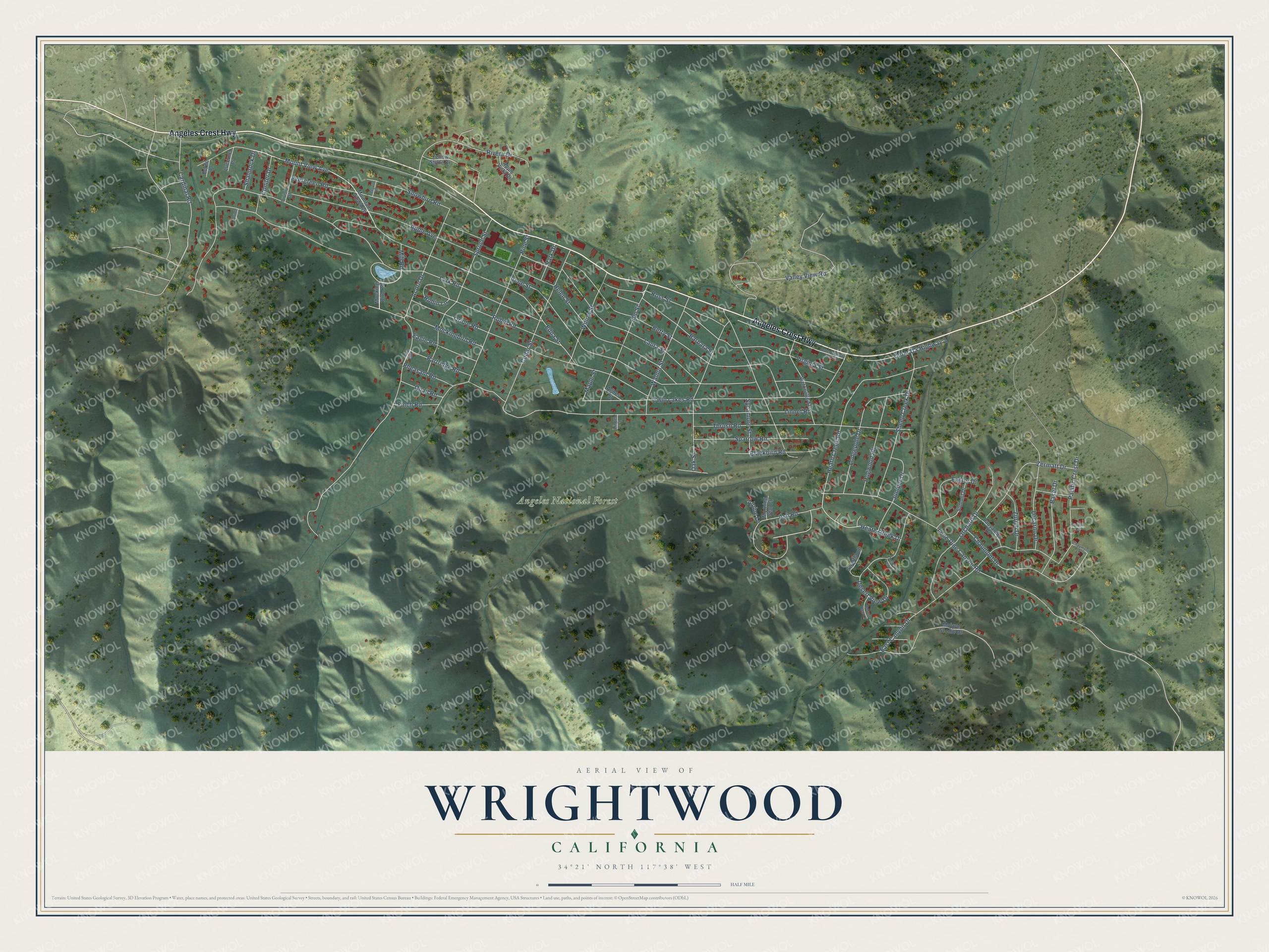 Full map of Wrightwood, California, with red buildings, printed street names and the land around them